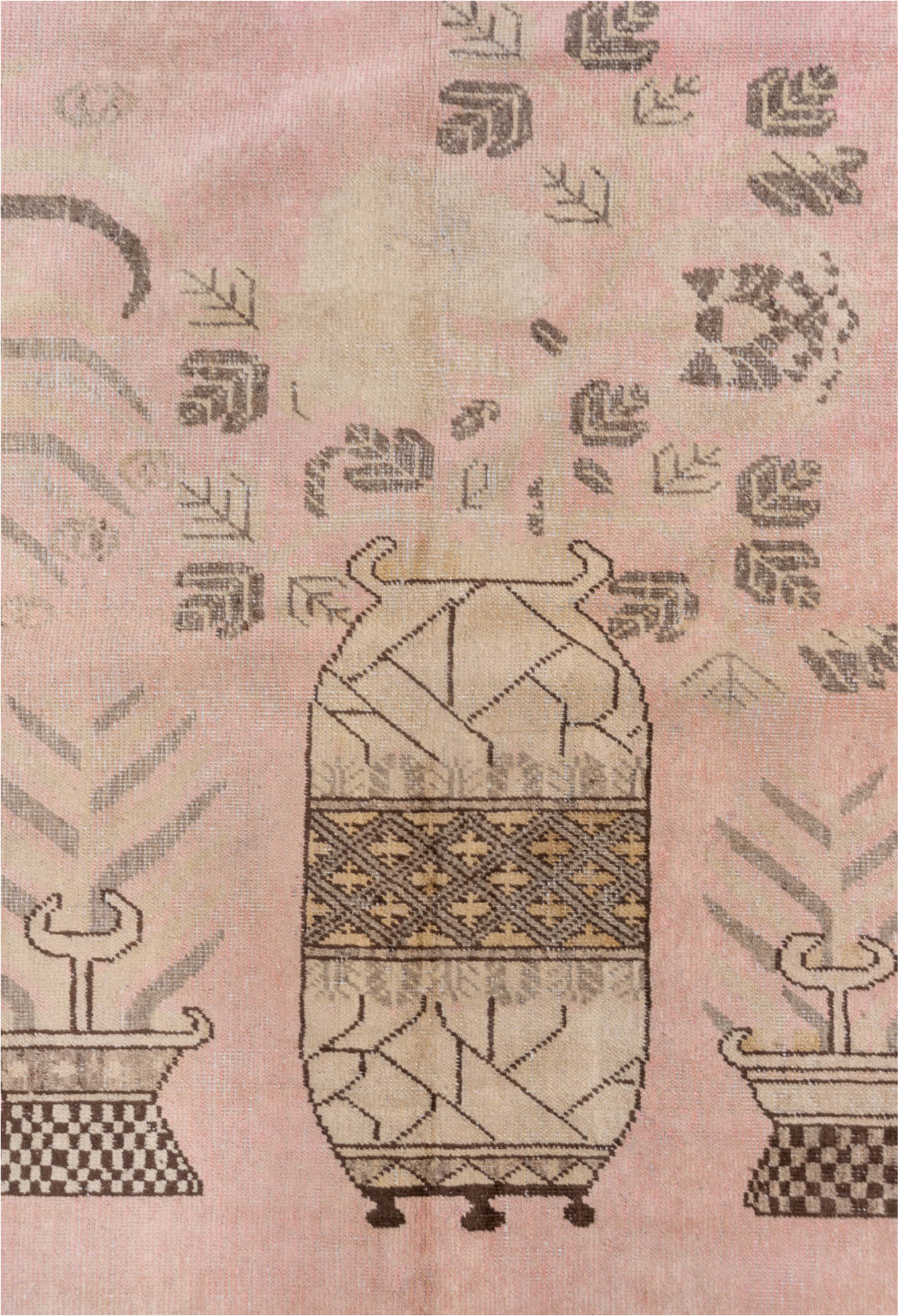 4' x 7' one-of-a-kind handmade vintage Khotan rug. Color palette: pink, brown, gray, off-white, light gray, white, snow