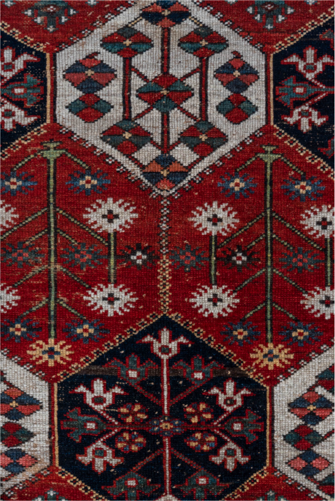 4' x 6' one-of-a-kind handmade vintage Baktiary small size rug. Color palette: gray, brown, light gray, black, blue, red