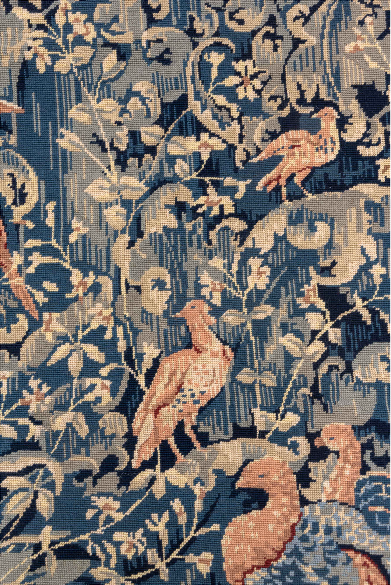 2' x 4' one-of-a-kind handmade vintage Needlepoint small size rug. Color palette: black, blue, brown, charcoal, dark gray