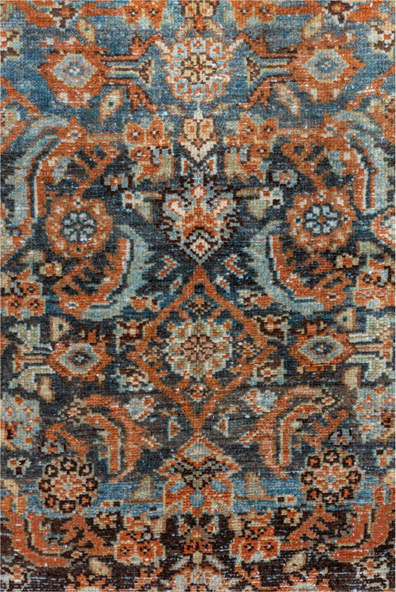 3' x 9' one-of-a-kind handmade vintage Malayer runner rug. Color palette: gray, brown, pink, light gray, off-white, blue