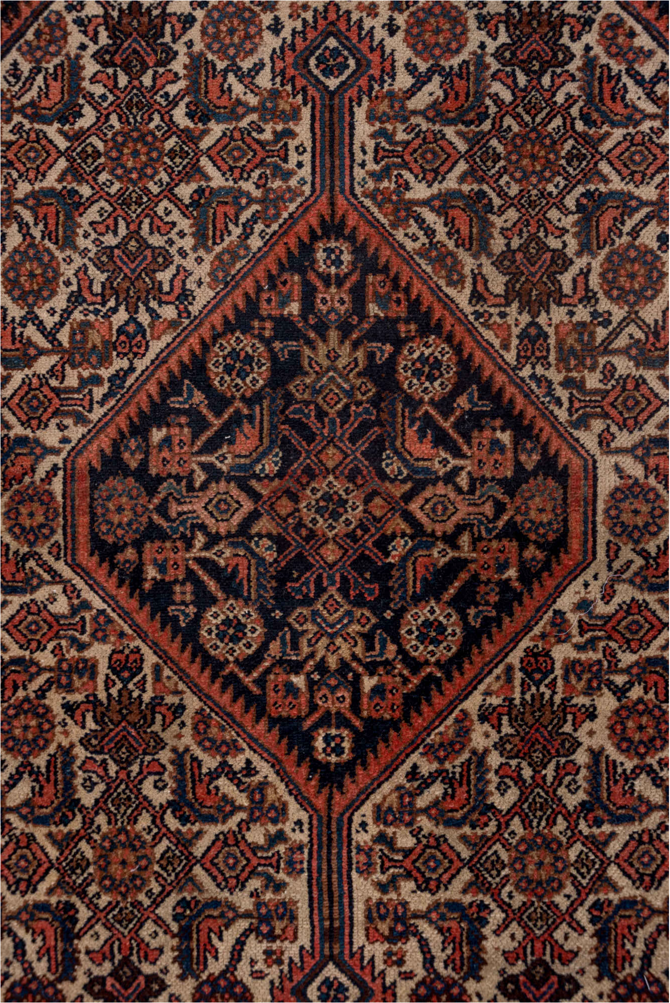 3' x 14' one-of-a-kind handmade vintage Bibikabad runner rug. Color palette: black, brown, gray, pink, red, redwood
