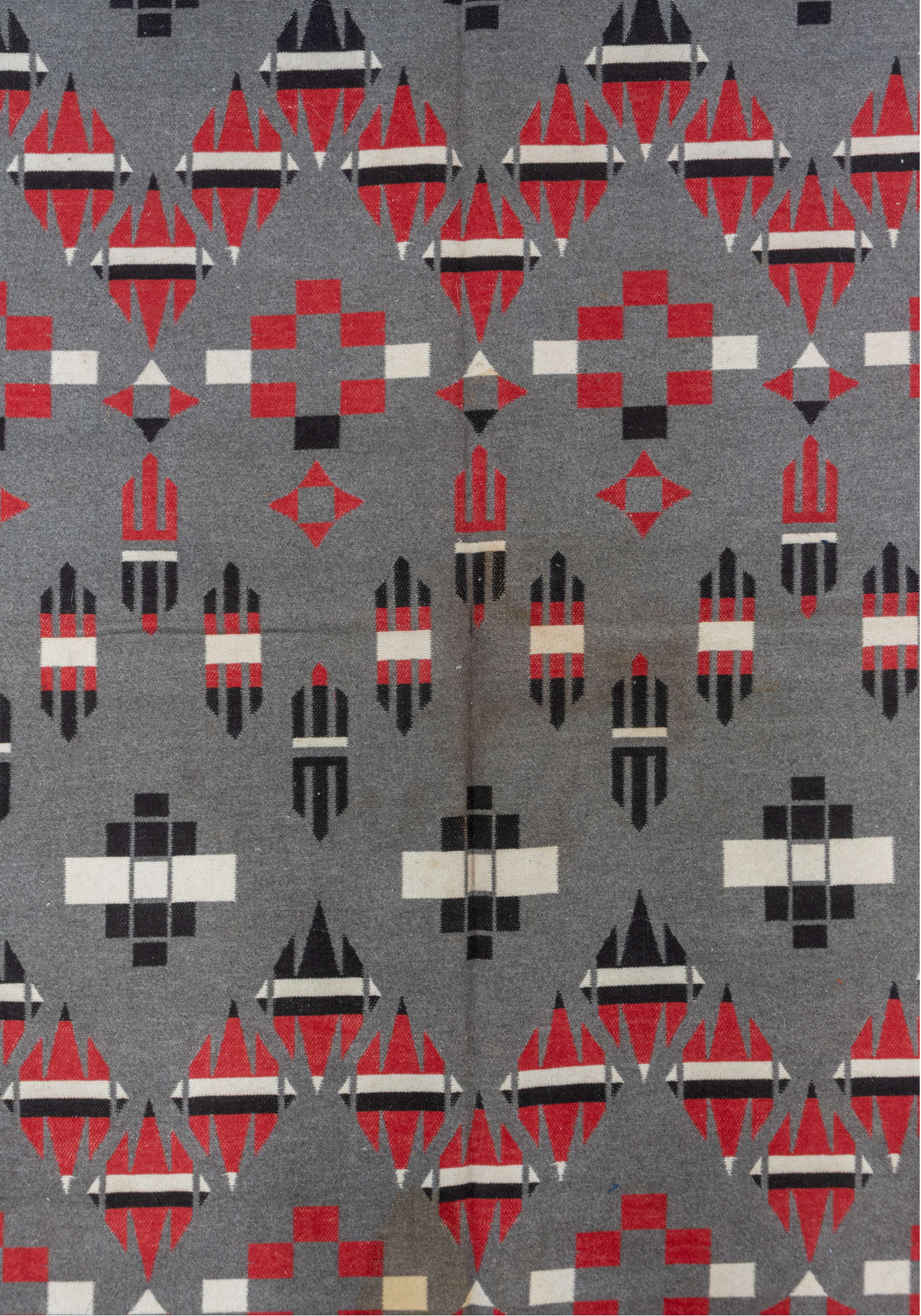 5' x 6' one-of-a-kind handmade vintage  rug. Color palette: gray, light gray, red, brown, pink, black, off-white, dim gray