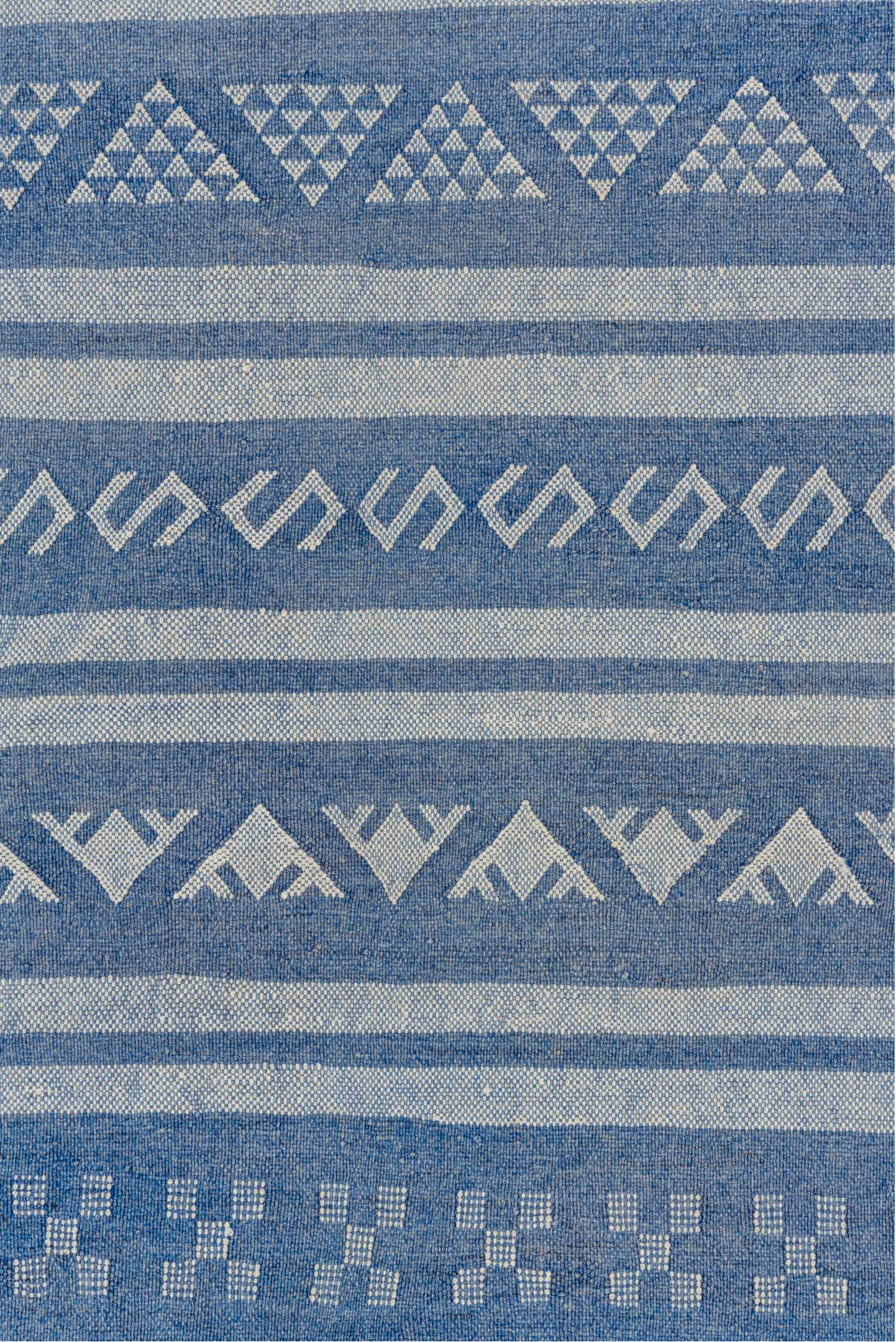 6' x 9' one-of-a-kind handmade vintage Cactus Kilim medium size rug. Color palette: blue, gray, light blue, light gray