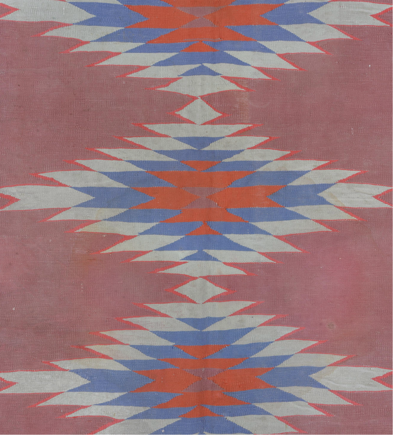 9' x 16' one-of-a-kind handmade vintage Dhurrie rug. Color palette: blue, dark gray, gray, light gray, off-white, pink, red