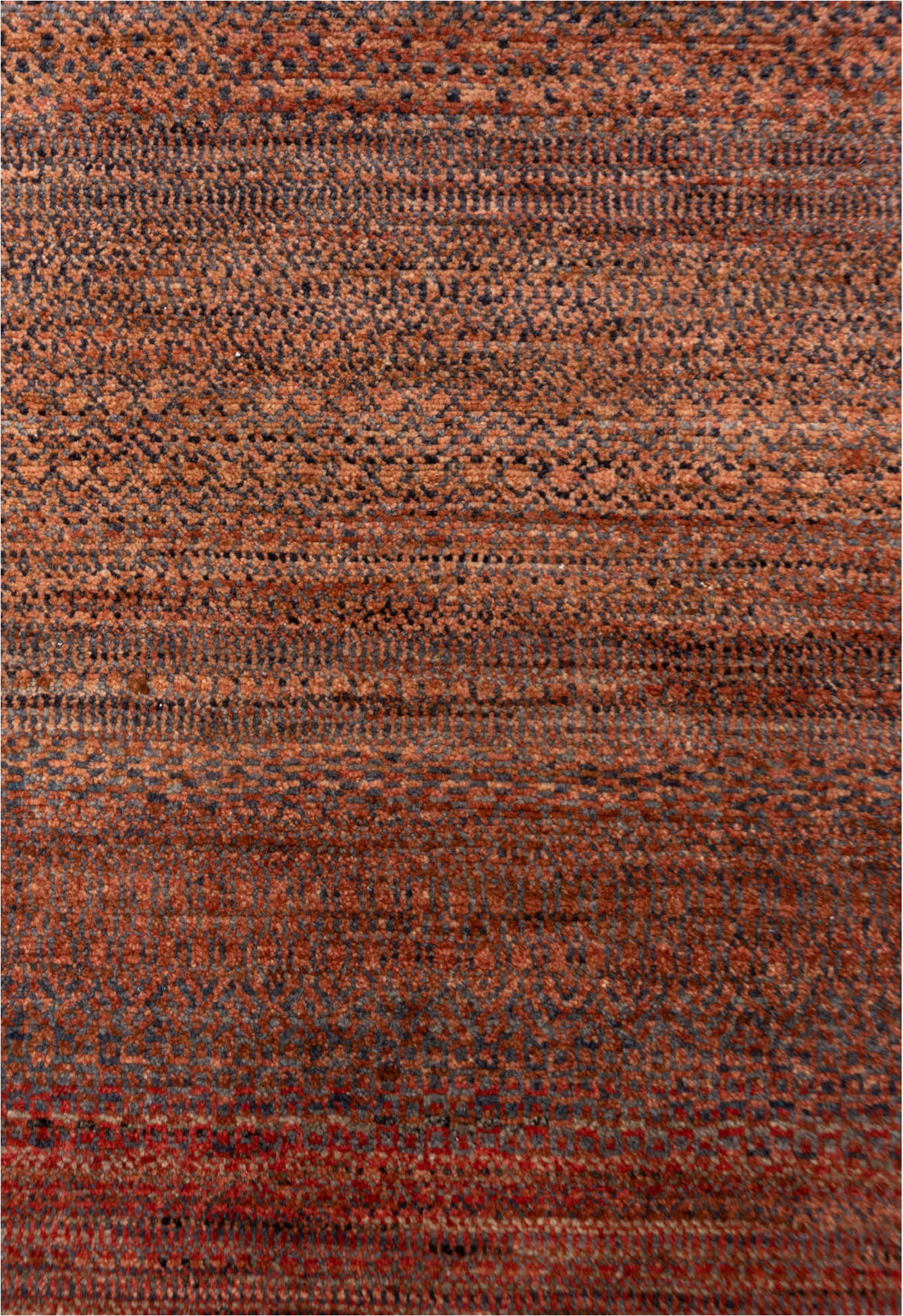 2' x 10' one-of-a-kind handmade vintage Gabbe runner rug. Color palette: brown, off-white, pink, red, redwood, snow, white