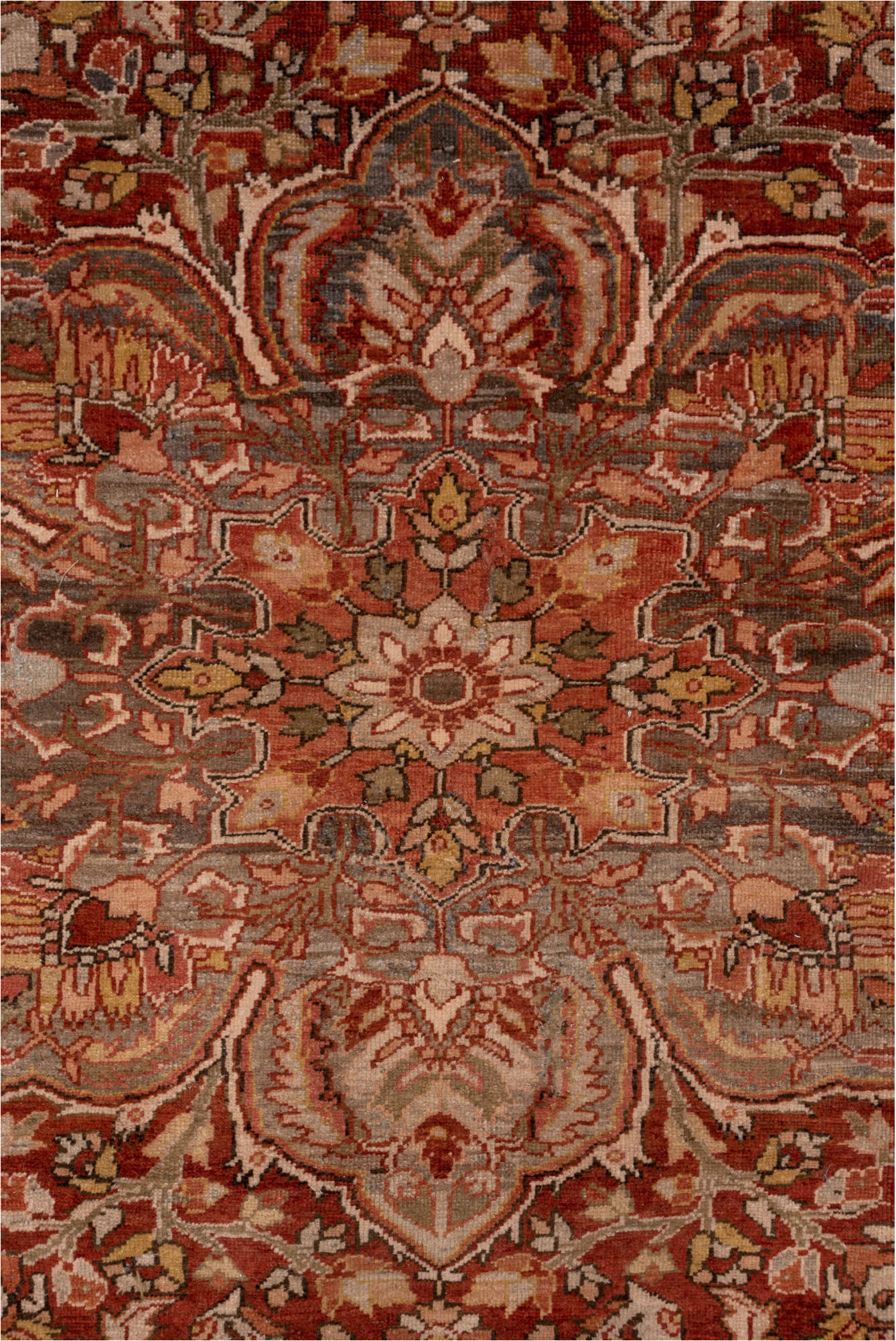 8' x 11' one-of-a-kind handmade vintage Heriz large size rug. Color palette: brown, gray, pink