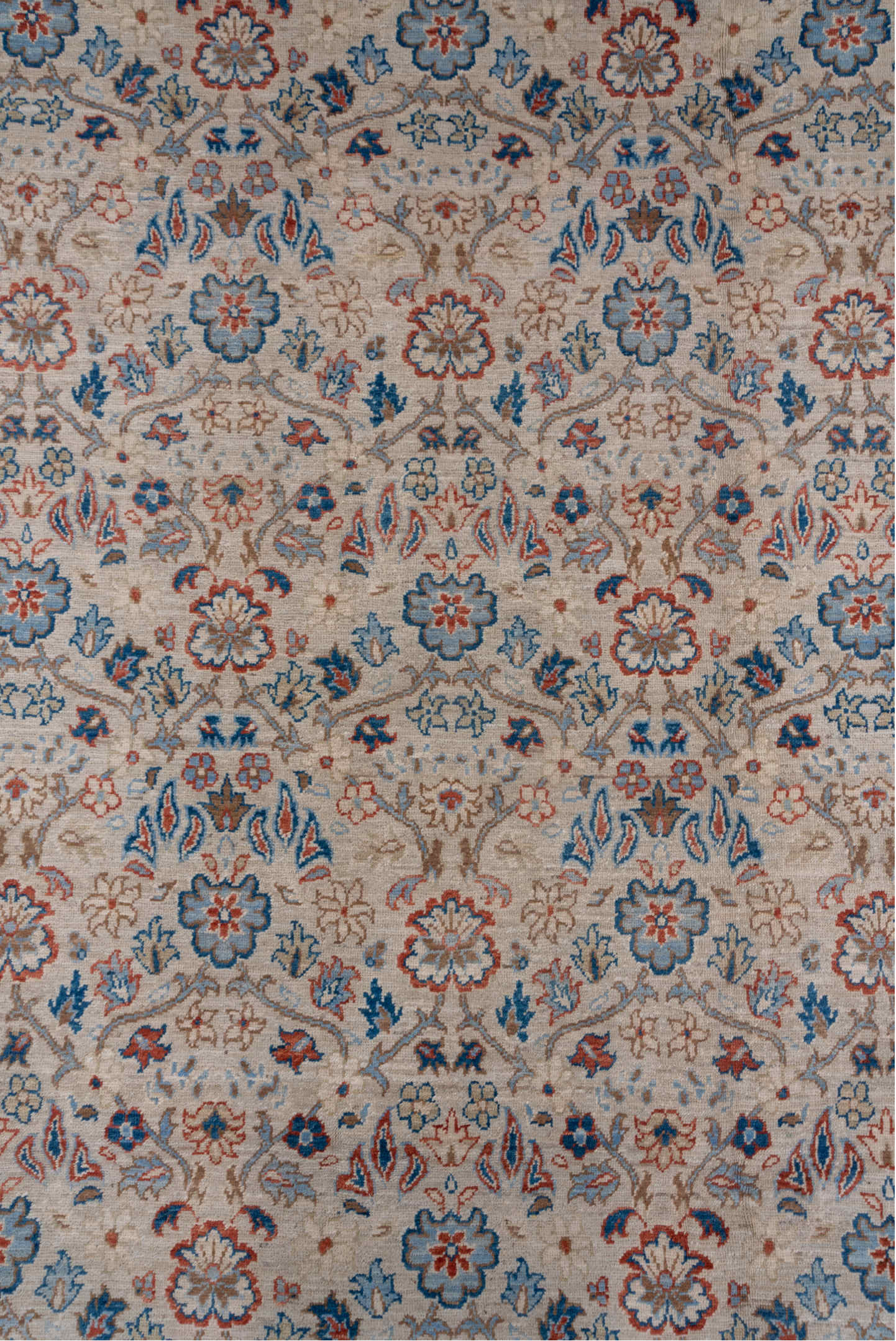 8' x 10' one-of-a-kind handmade vintage Afghan large size rug. Color palette: gray, pink, blue, light gray, off-white