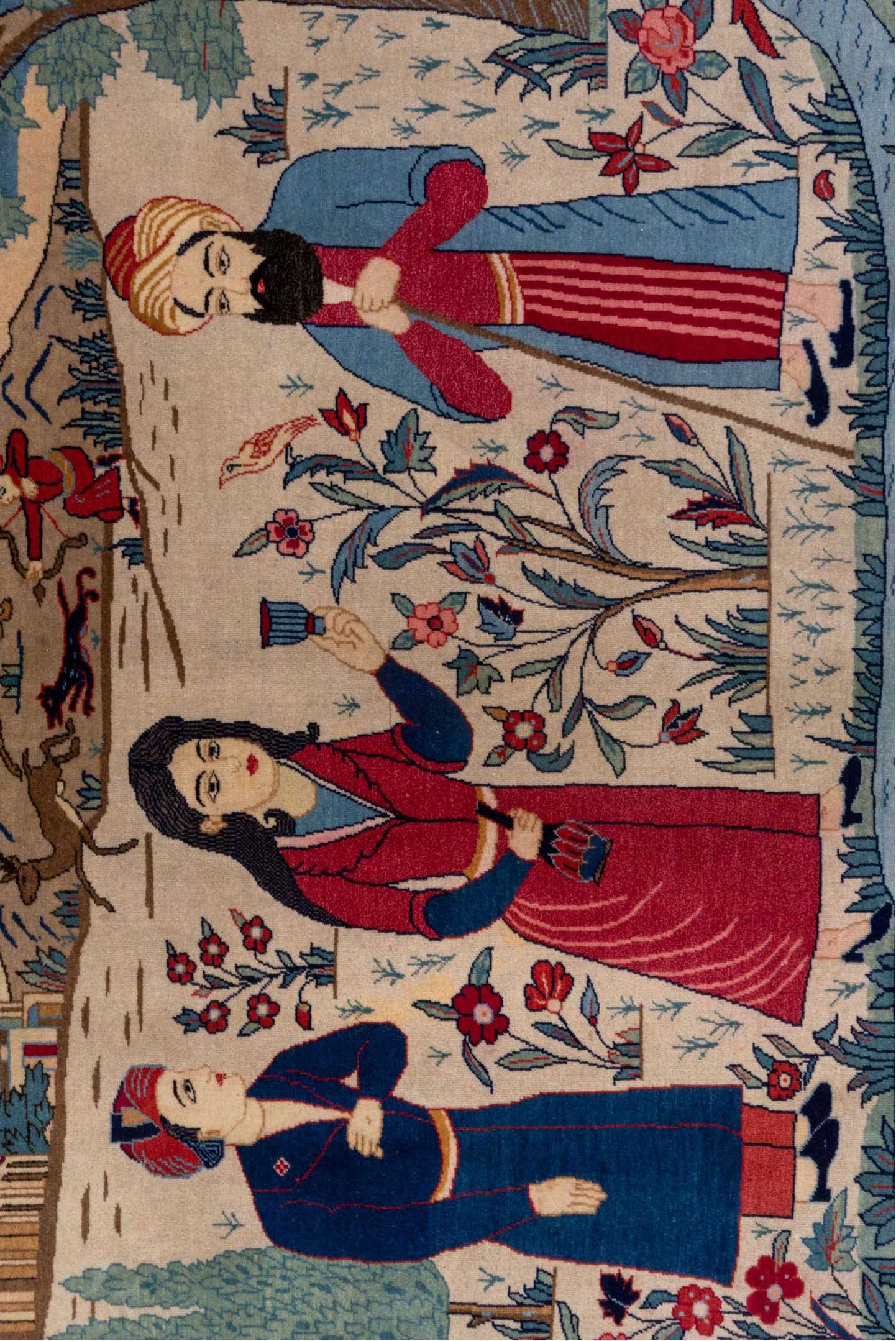 2' x 3' one-of-a-kind handmade vintage Kashan small size rug. Color palette: gray, blue, orange, brown, off-white, red