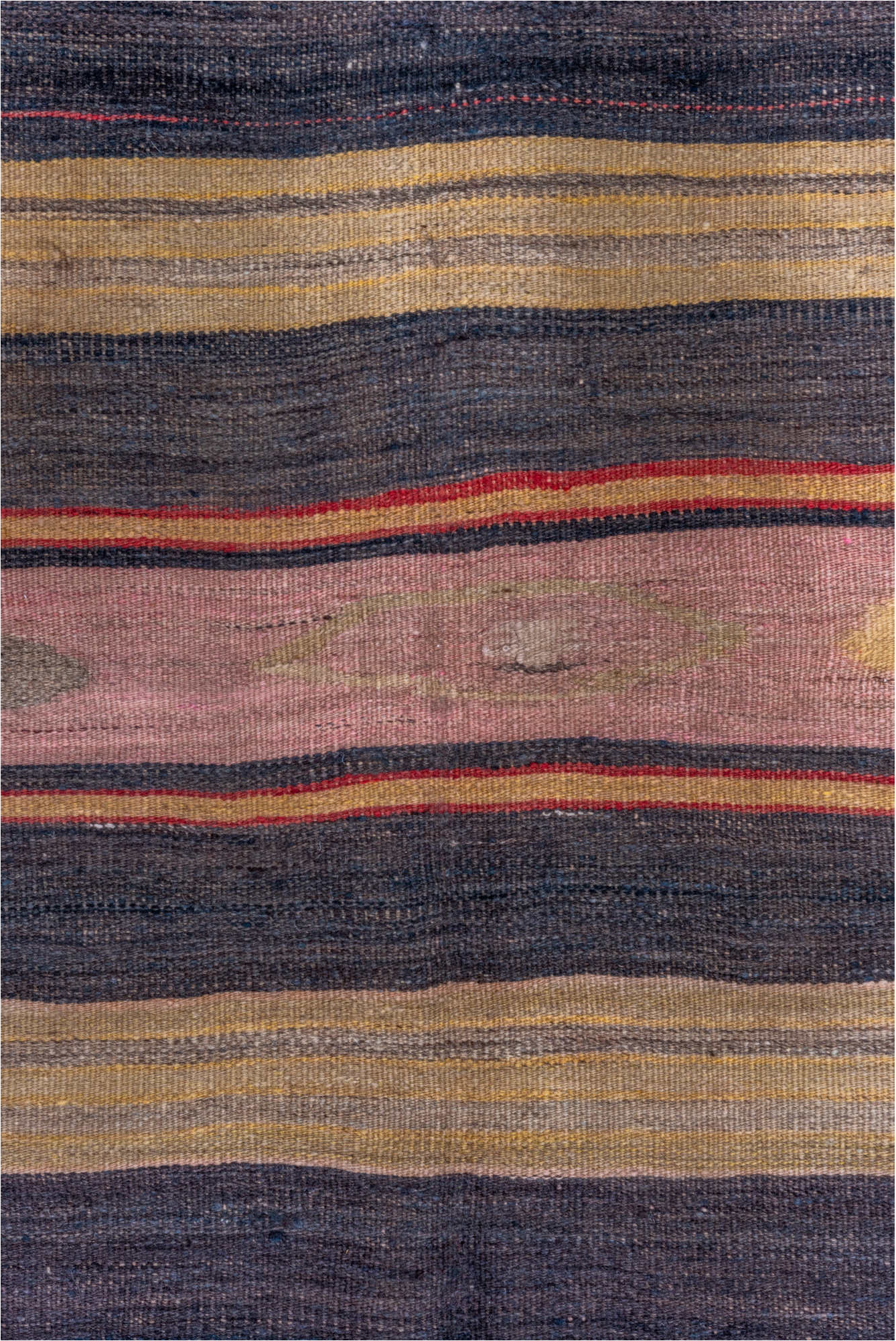 4' x 11' one-of-a-kind handmade vintage Kilim runner rug. Color palette: black, brown, charcoal, gray, pink, red