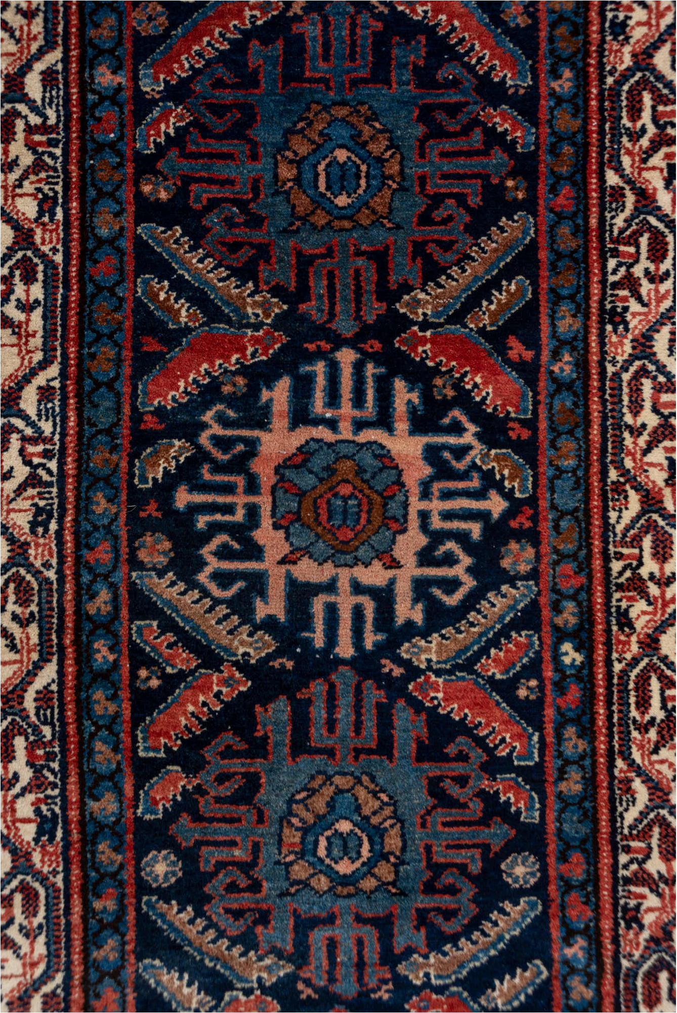 2' x 16' one-of-a-kind handmade vintage Malayer runner rug. Color palette: blue, brown, gray, off-white, pink, red, redwood