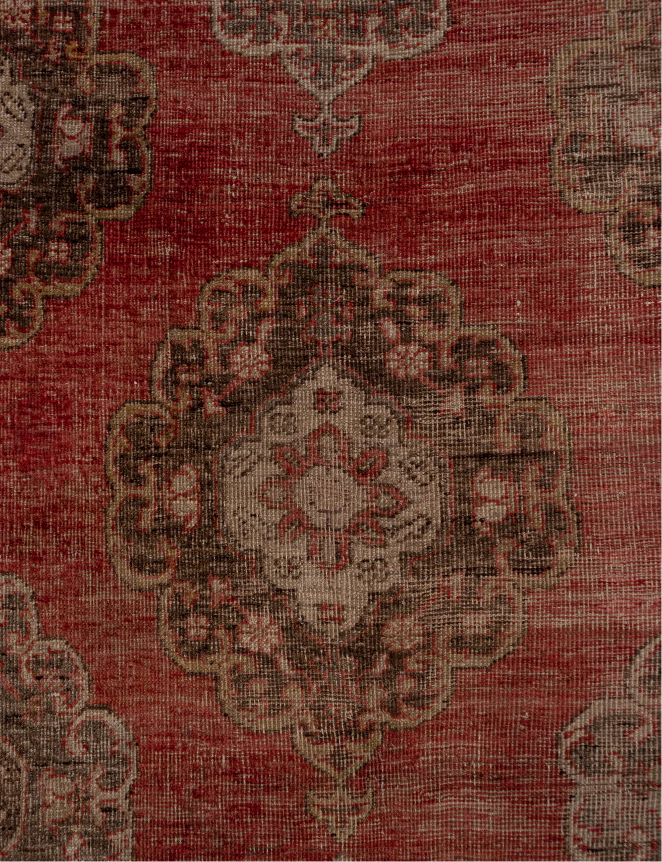 4' x 13' one-of-a-kind handmade vintage Oushak runner rug. Color palette: brown, gray, off-white, pink, red, snow, white