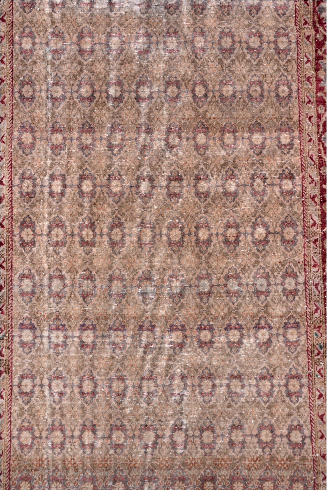 3' x 10' one-of-a-kind handmade vintage Sivas runner rug. Color palette: brown, gray, light gray, off-white, pink, red