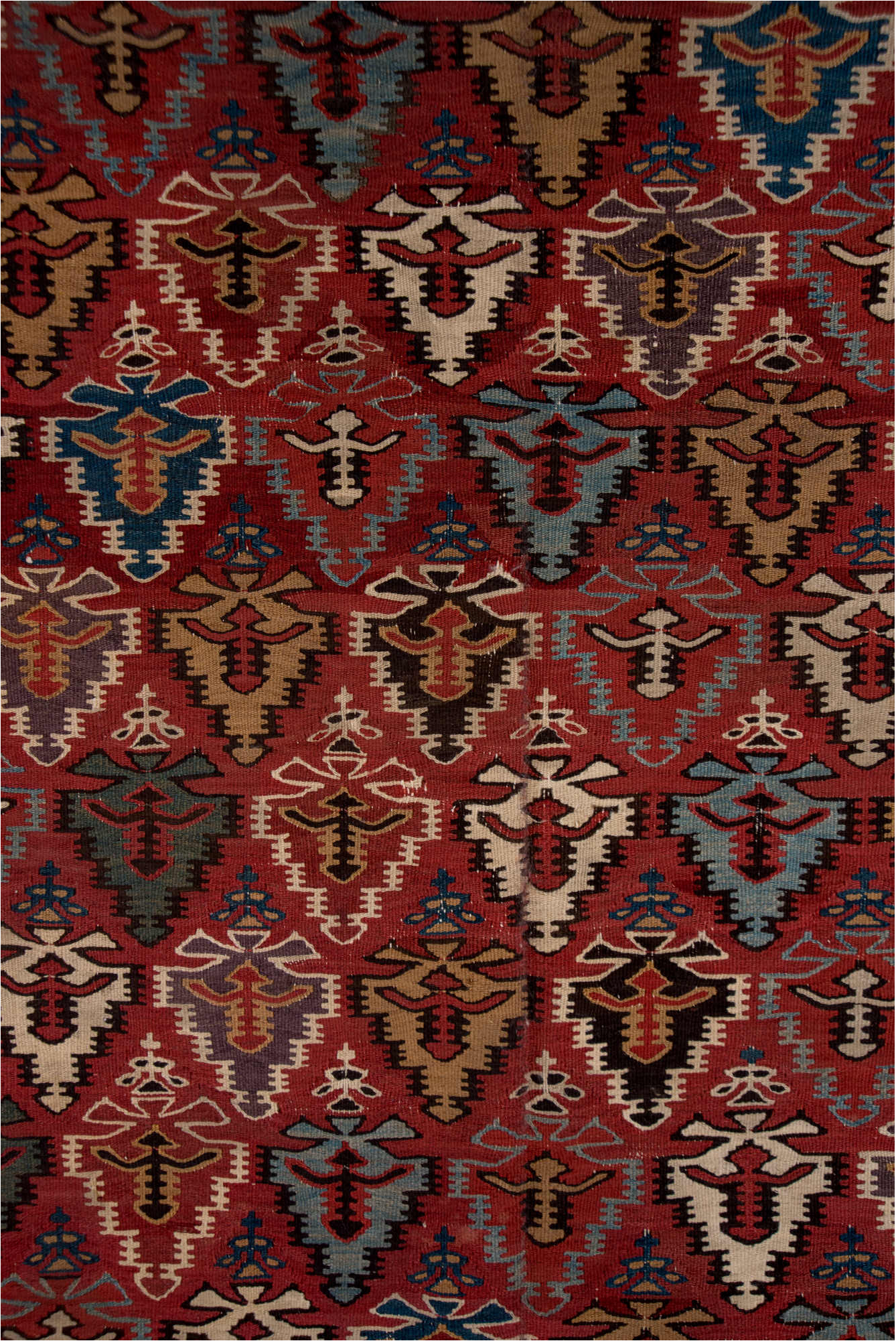 5' x 13' one-of-a-kind handmade vintage Kilim rug. Color palette: gray, red, brown, pink, blue