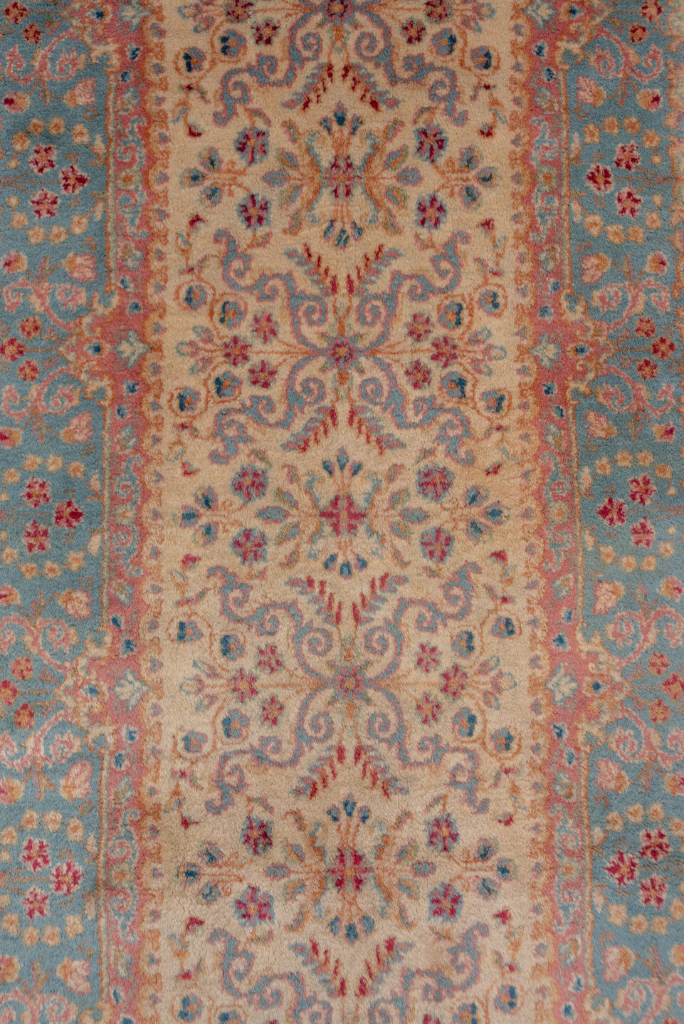 2' x 20' one-of-a-kind handmade vintage Kerman runner rug. Color palette: pink, brown, gray, orange, red, off-white