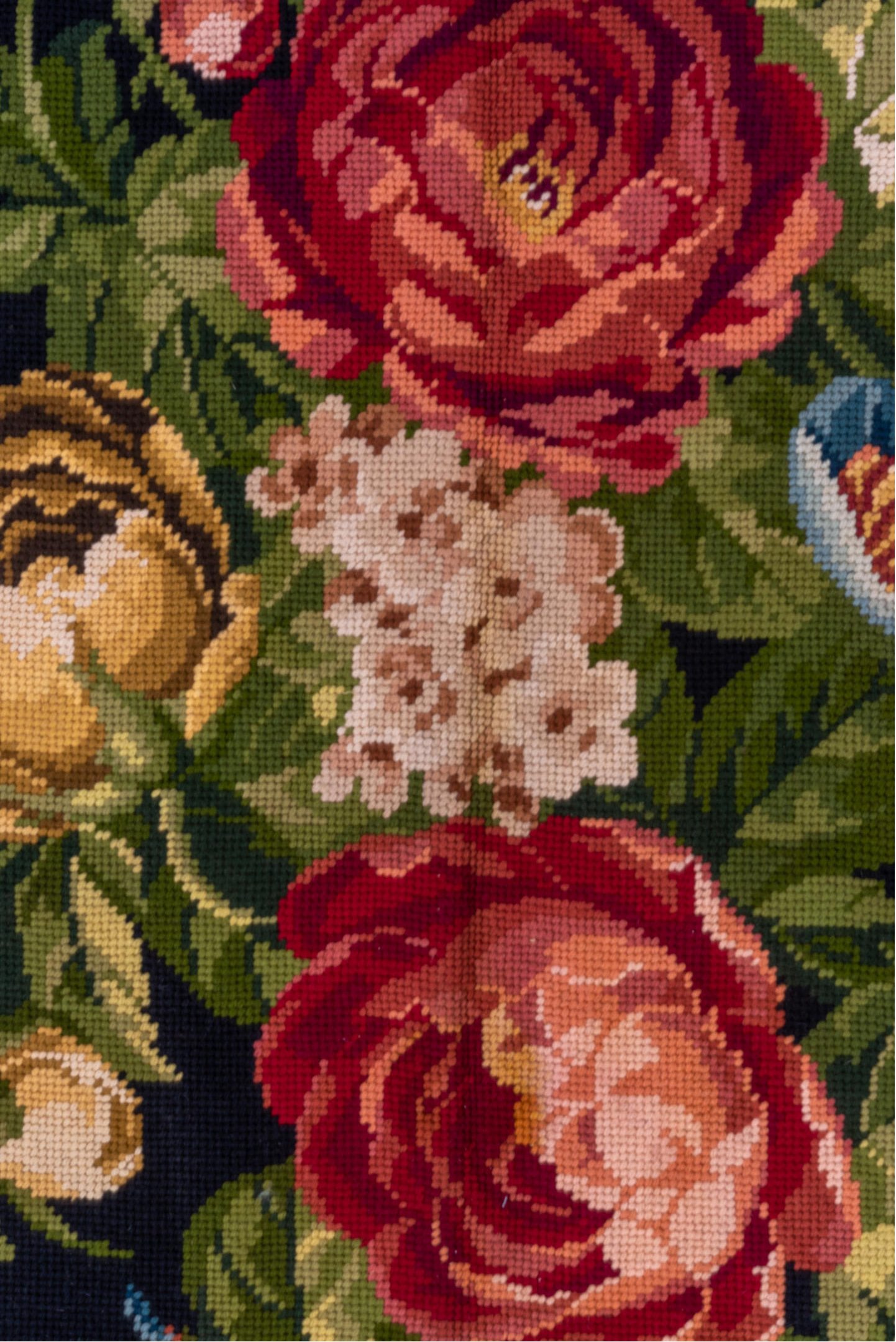 9' x 11' one-of-a-kind handmade vintage Needlepoint large size rug. Color palette: red, gray, pink, brown, green, blue