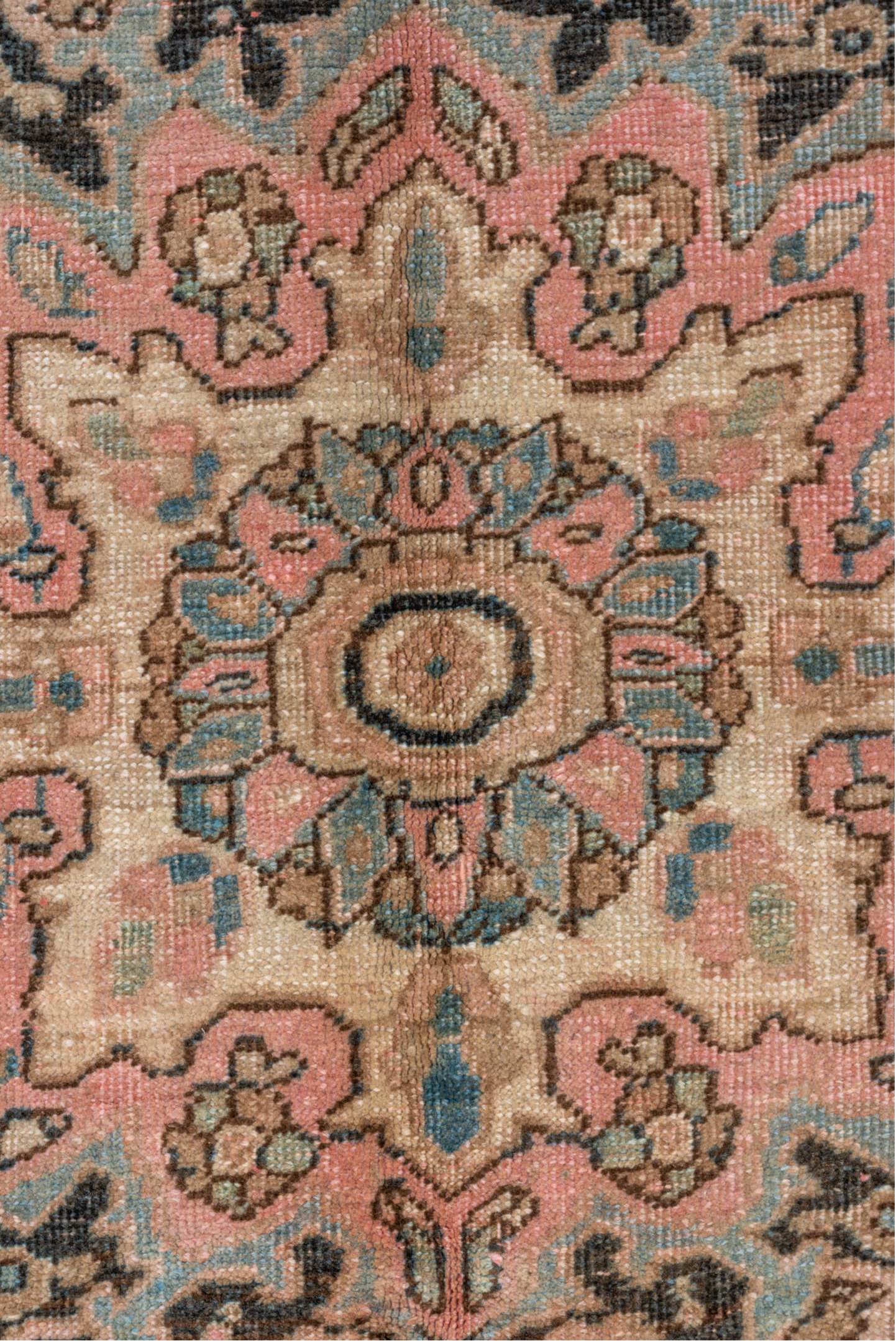 9' x 11' one-of-a-kind handmade vintage Heriz large size rug. Color palette: gray, pink, off-white, brown, black, blue