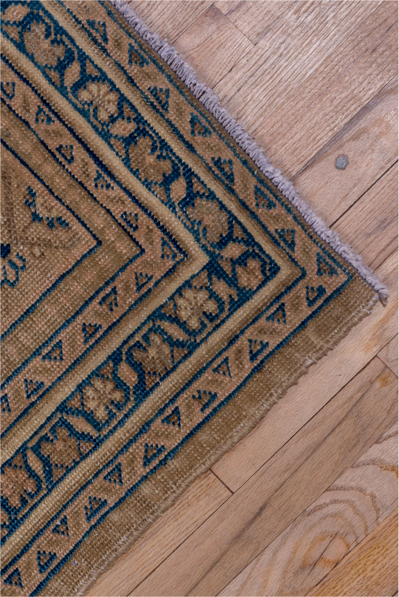 4' x 14' one-of-a-kind handmade vintage Mahal runner rug. Color palette: black, blue, gray, off-white, pink, snow, white