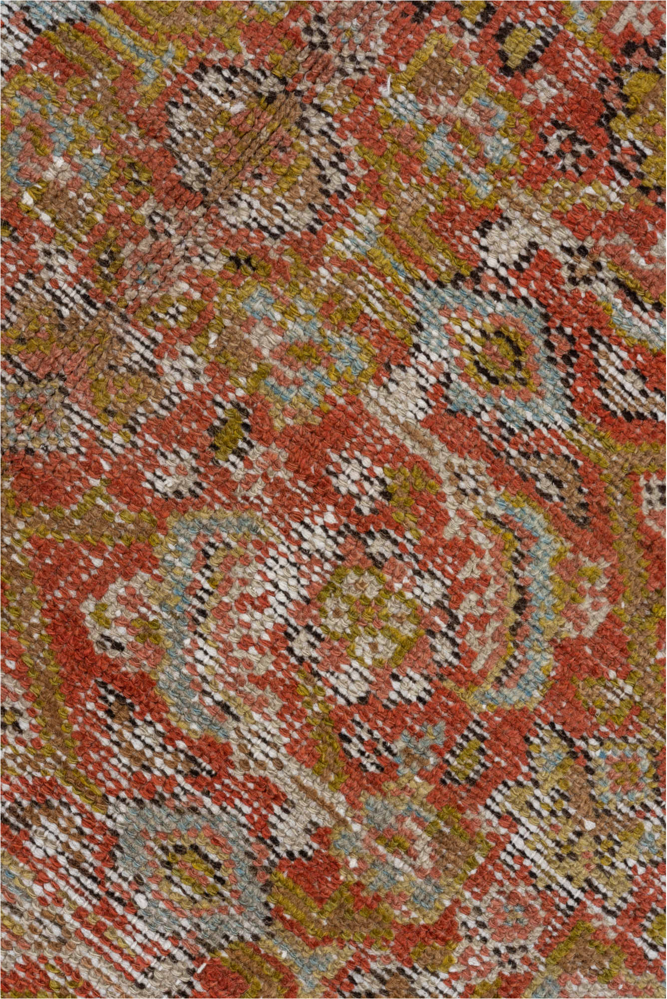 5' x 13' one-of-a-kind handmade vintage Malayer rug. Color palette: brown, gray, light gray, pink, off-white, redwood, white