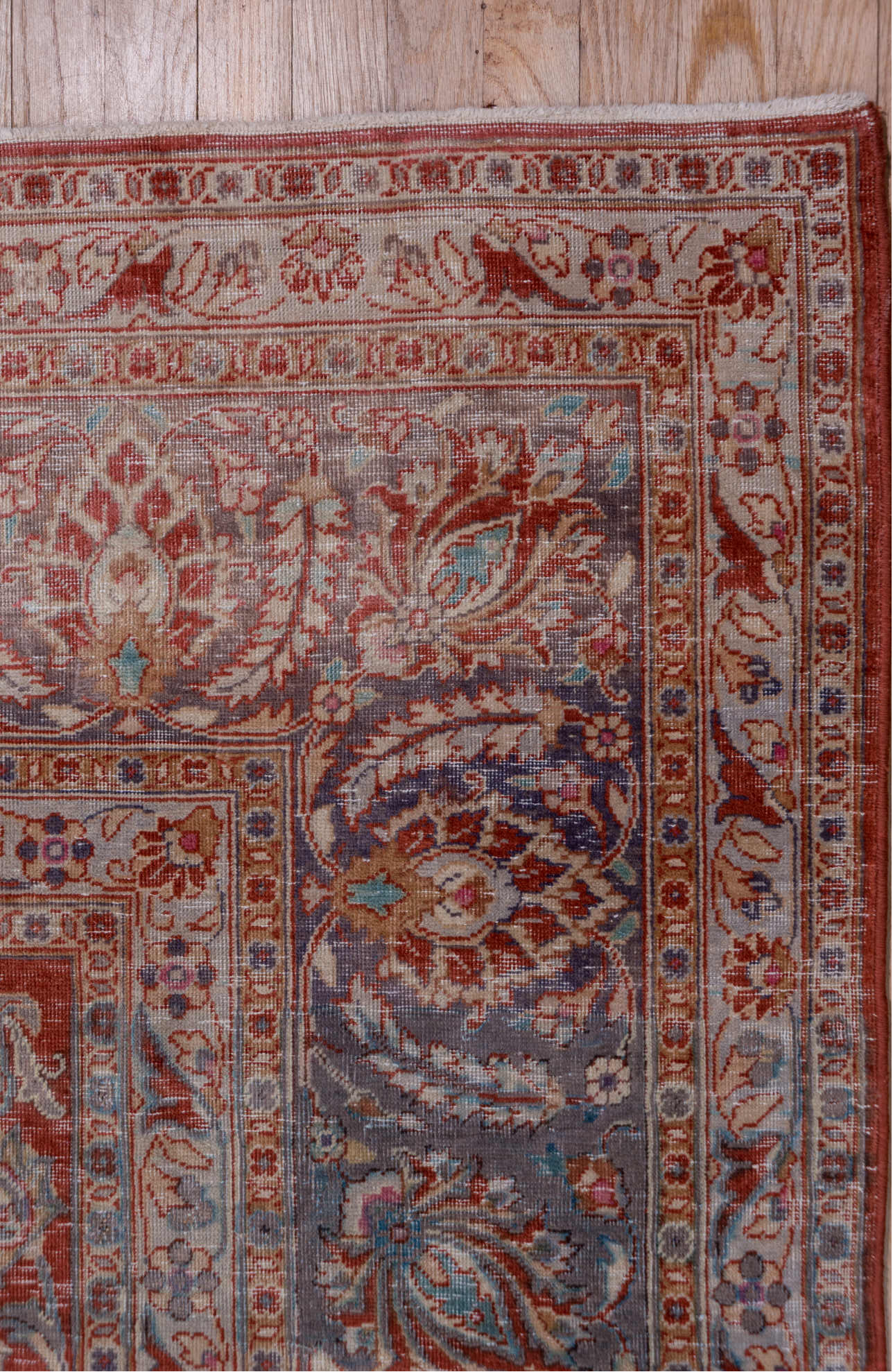 9' x 12' one-of-a-kind handmade vintage Kashan large size rug. Color palette: brown, gray, light gray, light slate gray
