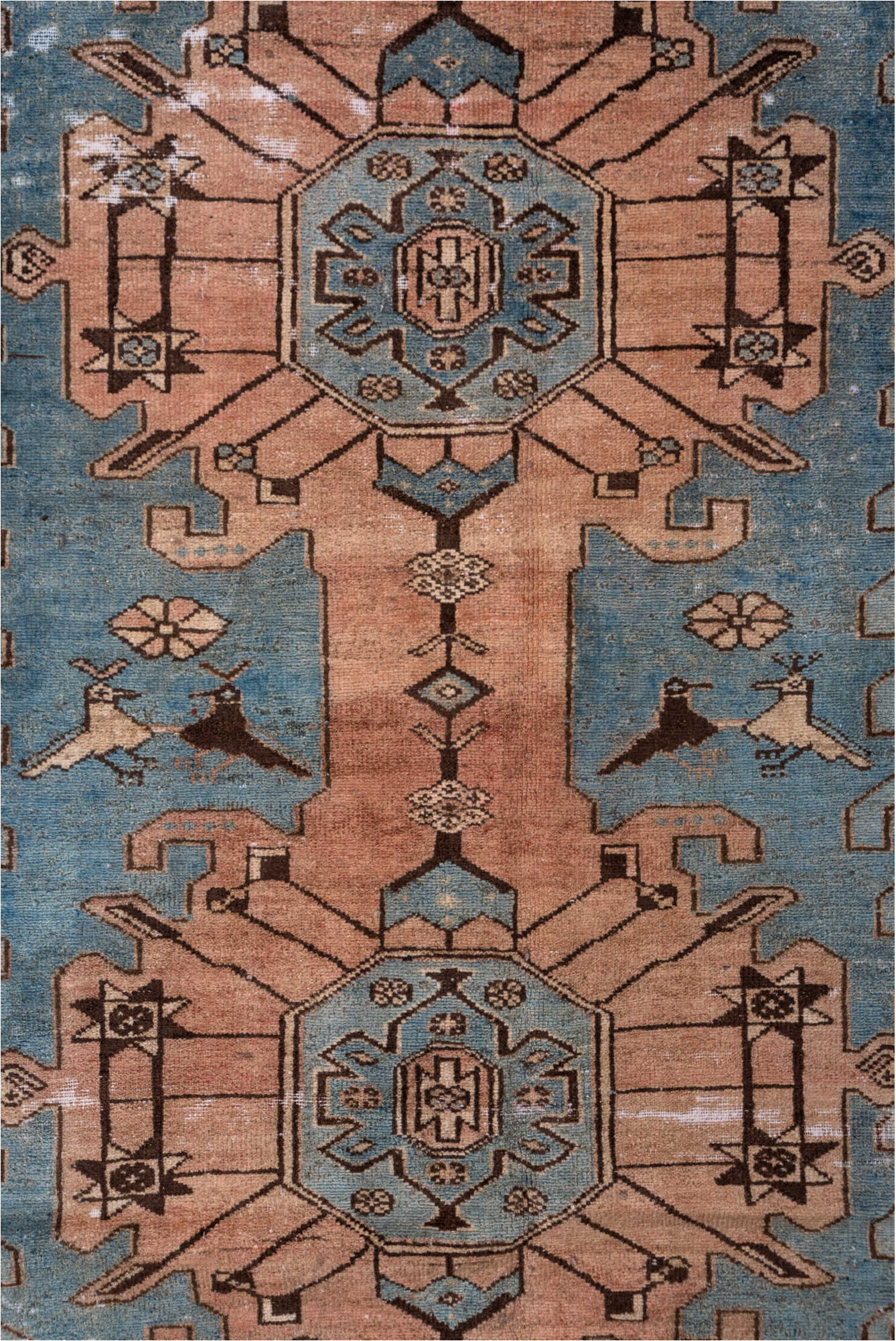 4' x 12' one-of-a-kind handmade vintage Distressed runner rug. Color palette: brown, dark gray, gray, light gray, off-white