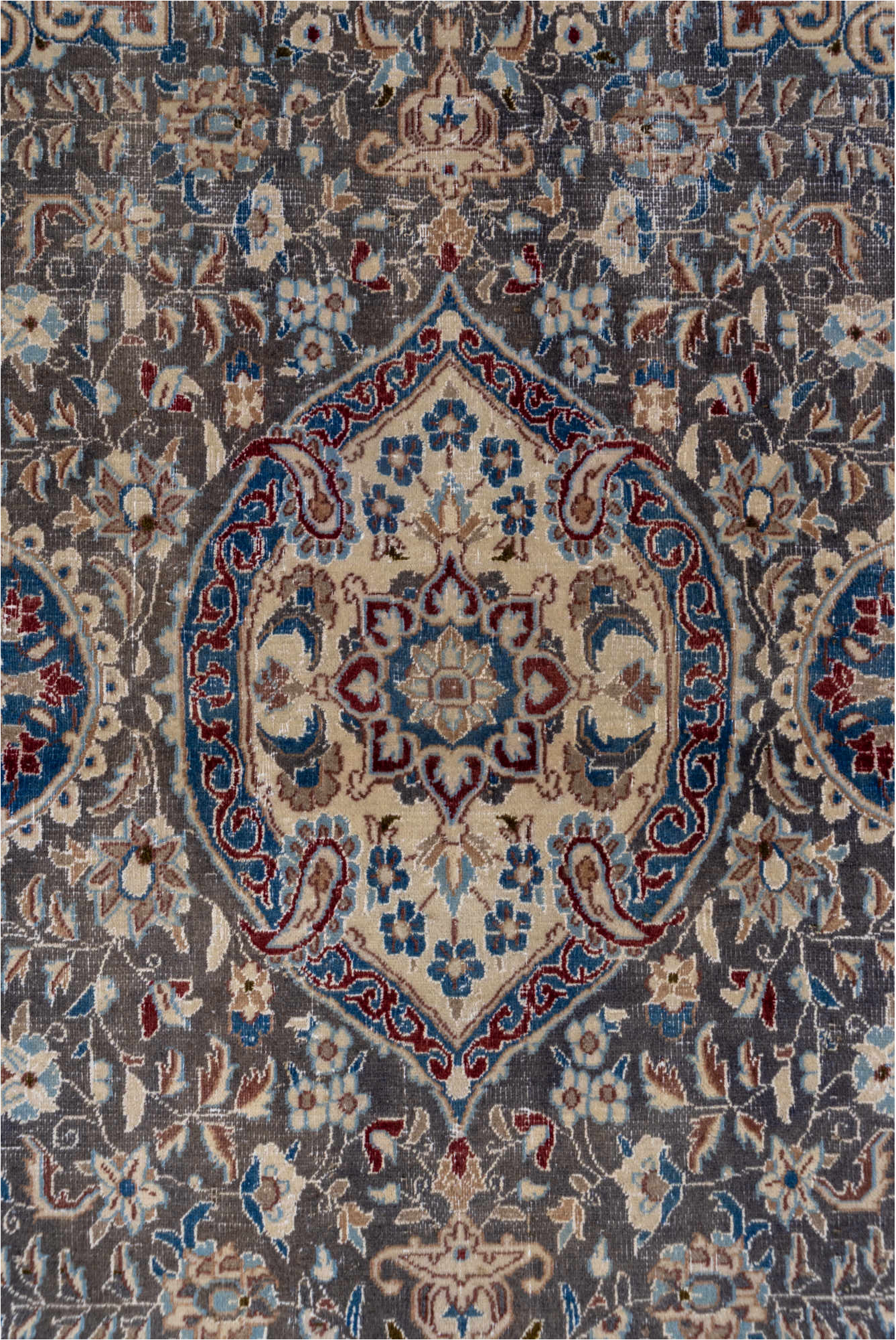 3' x 12' one-of-a-kind handmade vintage Naiin runner rug. Color palette: blue, brown, dark gray, gray, light blue