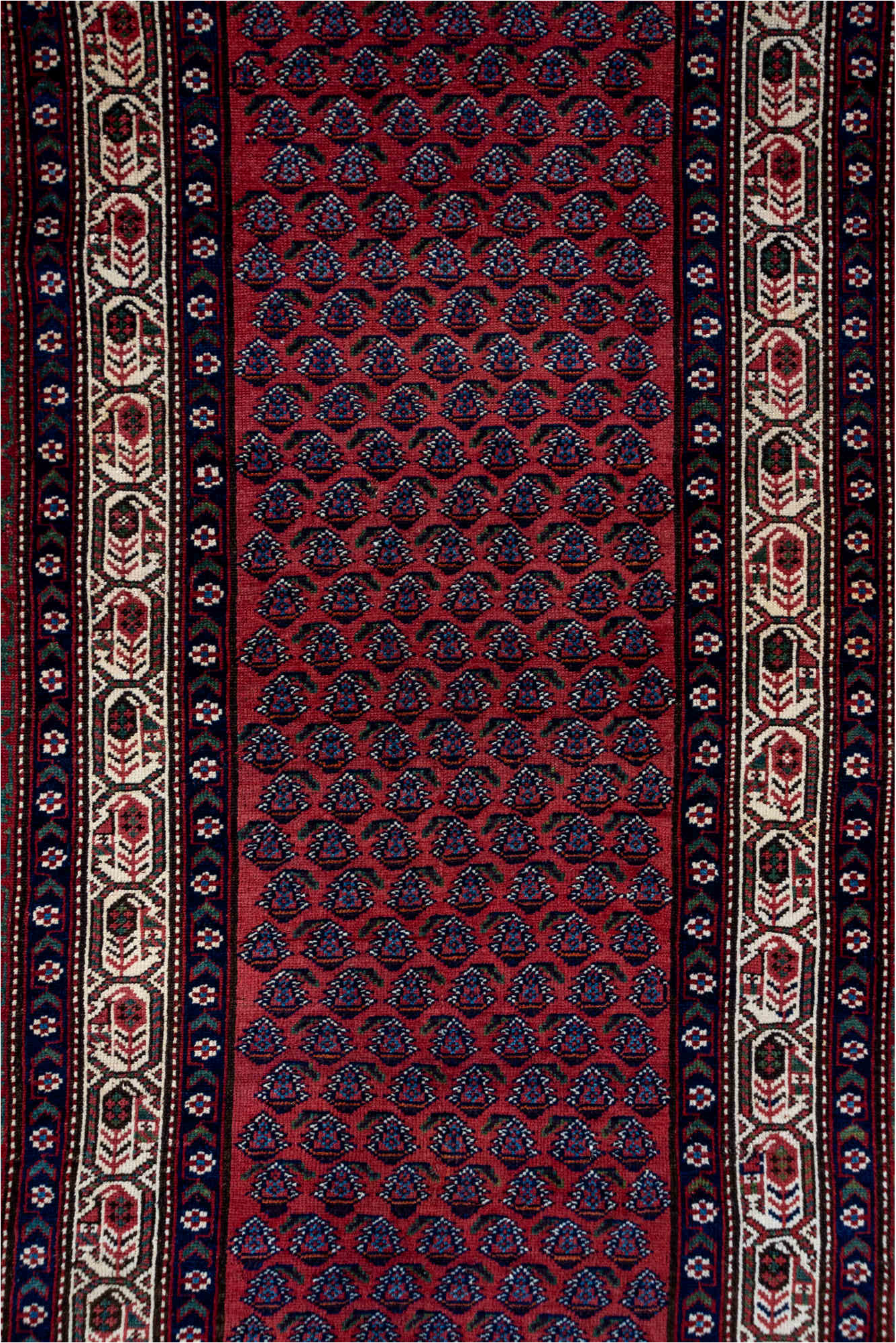 3' x 12' one-of-a-kind handmade vintage Malayer runner rug. Color palette: black, brown, gray, pink, red