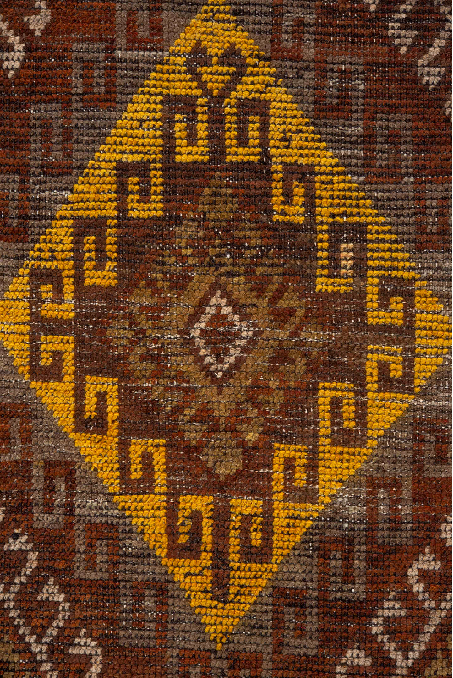 2' x 8' one-of-a-kind handmade vintage Oushak runner rug. Color palette: brown, yellow, pink, off-white, saddle brown, white