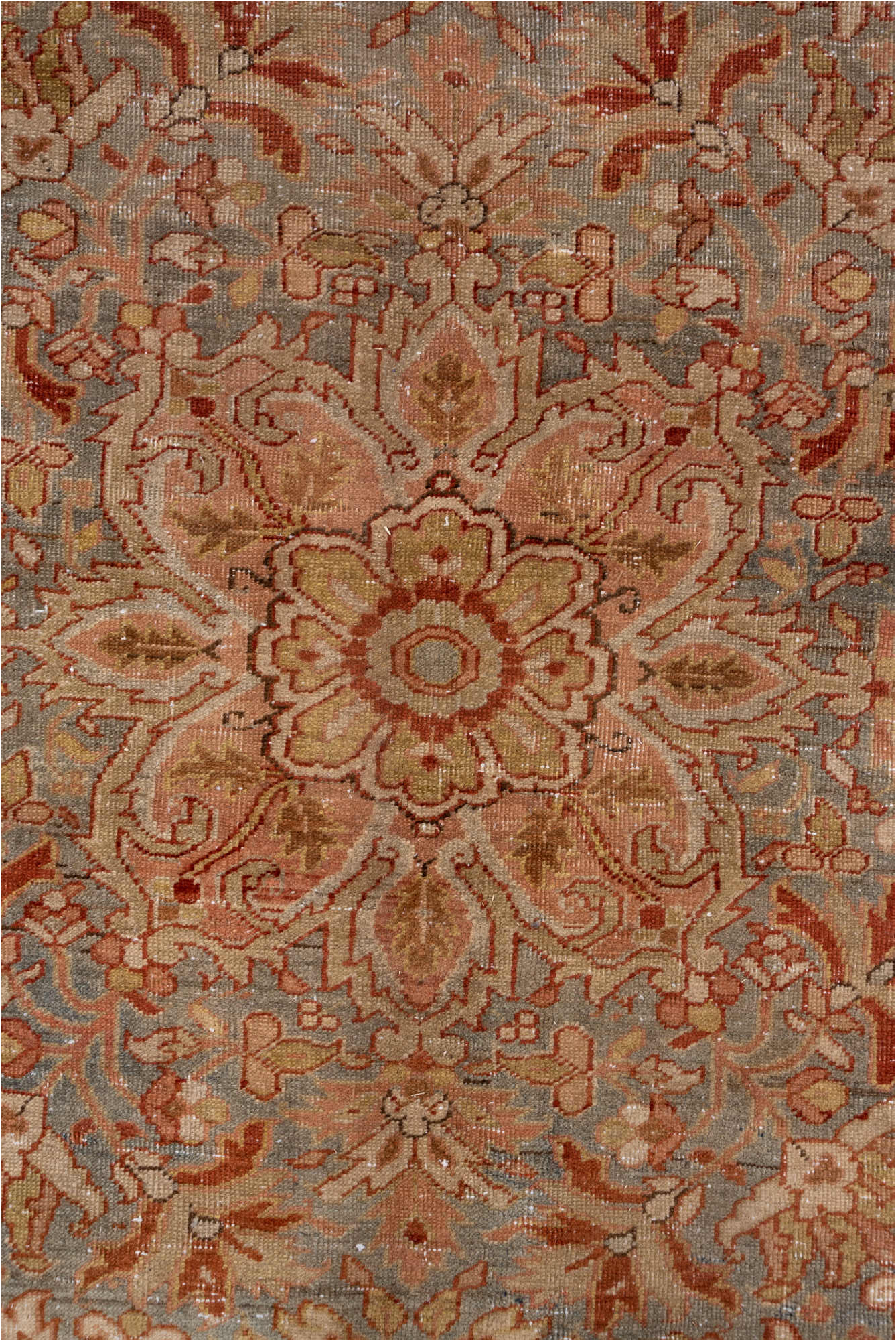 7' x 11' one-of-a-kind handmade vintage Heriz large size rug. Color palette: brown, gray, light gray, off-white, orange