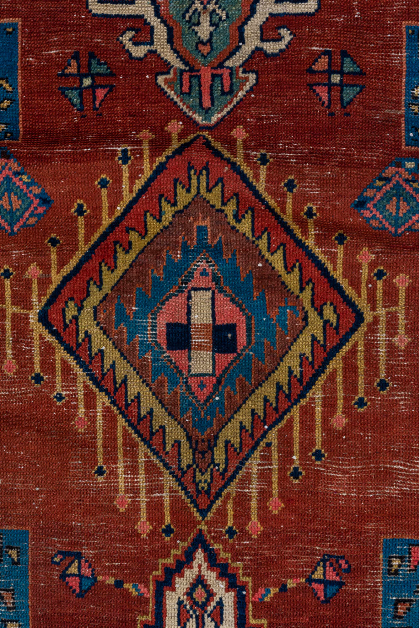 3' x 13' one-of-a-kind handmade vintage NW Persian runner rug. Color palette: gray, blue, black, brown, red