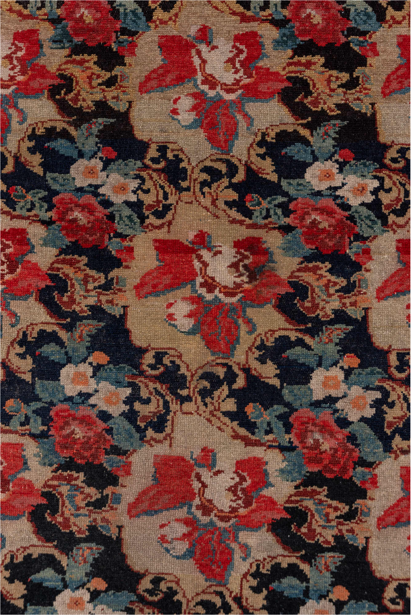 4' x 5' one-of-a-kind handmade vintage Malayer small size rug. Color palette: black, brown, gray, pink, red