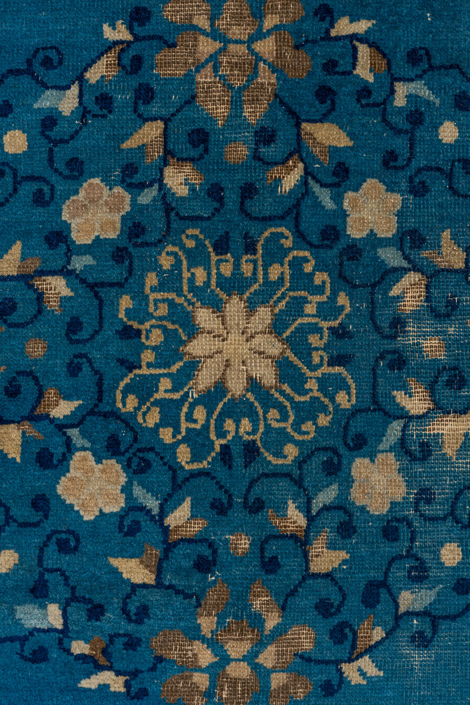 8' x 9' one-of-a-kind handmade vintage Chinese rug. Color palette: gray, black, blue, brown