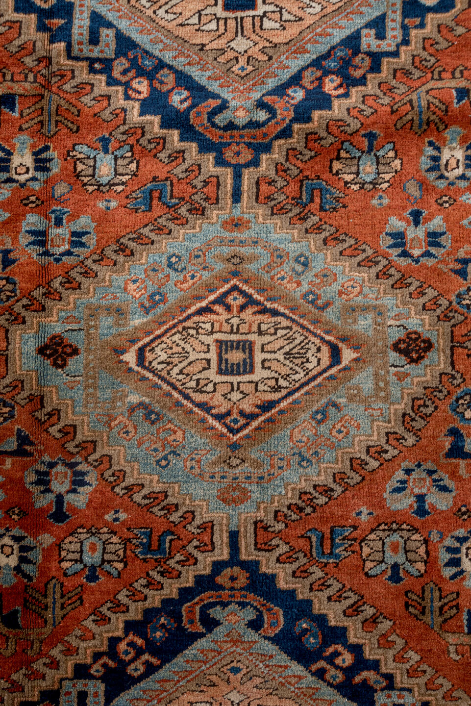 7' x 9' one-of-a-kind handmade vintage Heriz rug. Color palette: gray, blue, brown, pink, off-white, light gray, dim gray