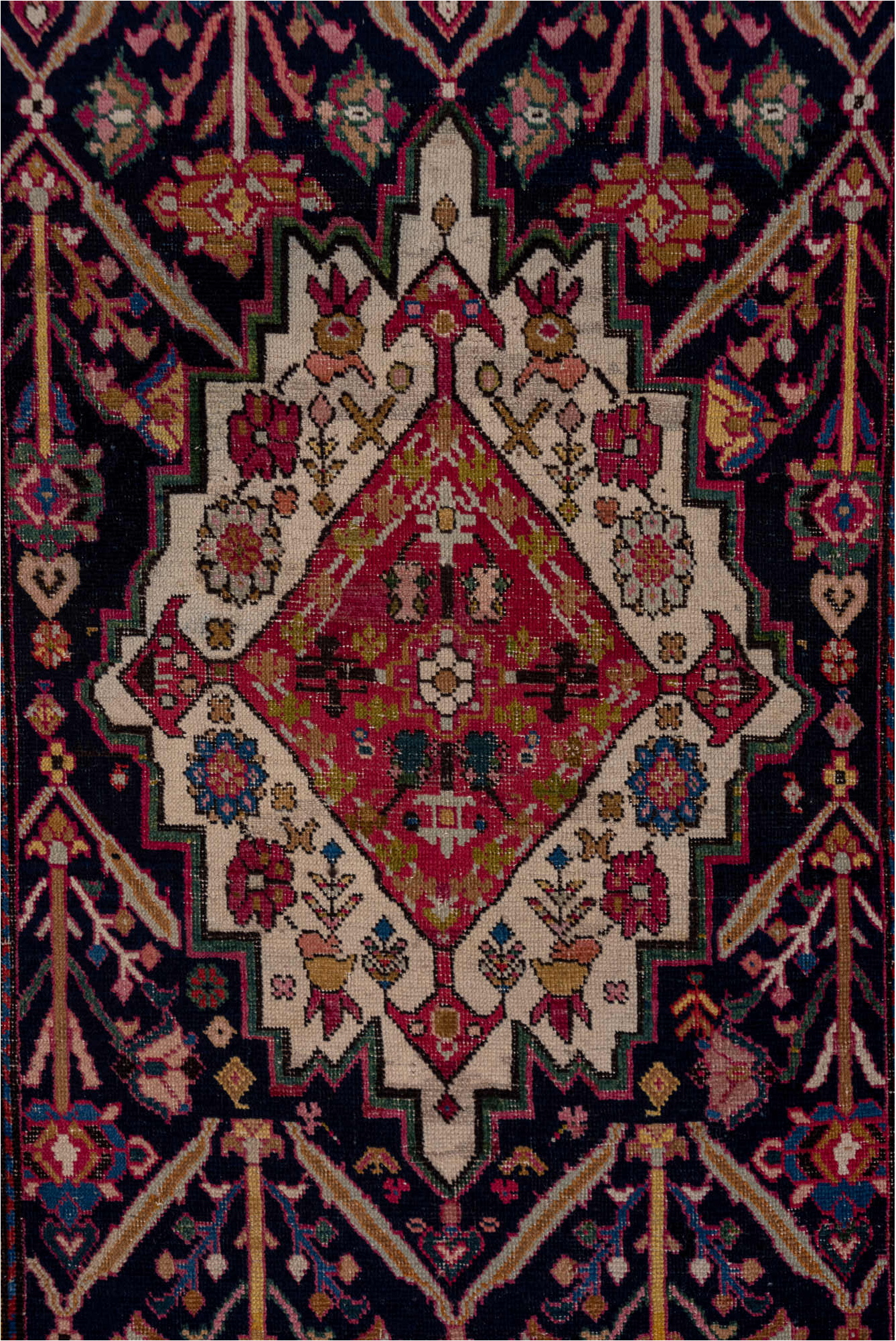 3' x 16' one-of-a-kind handmade vintage Karabagh runner rug. Color palette: black, blue, brown, gray, pink, red
