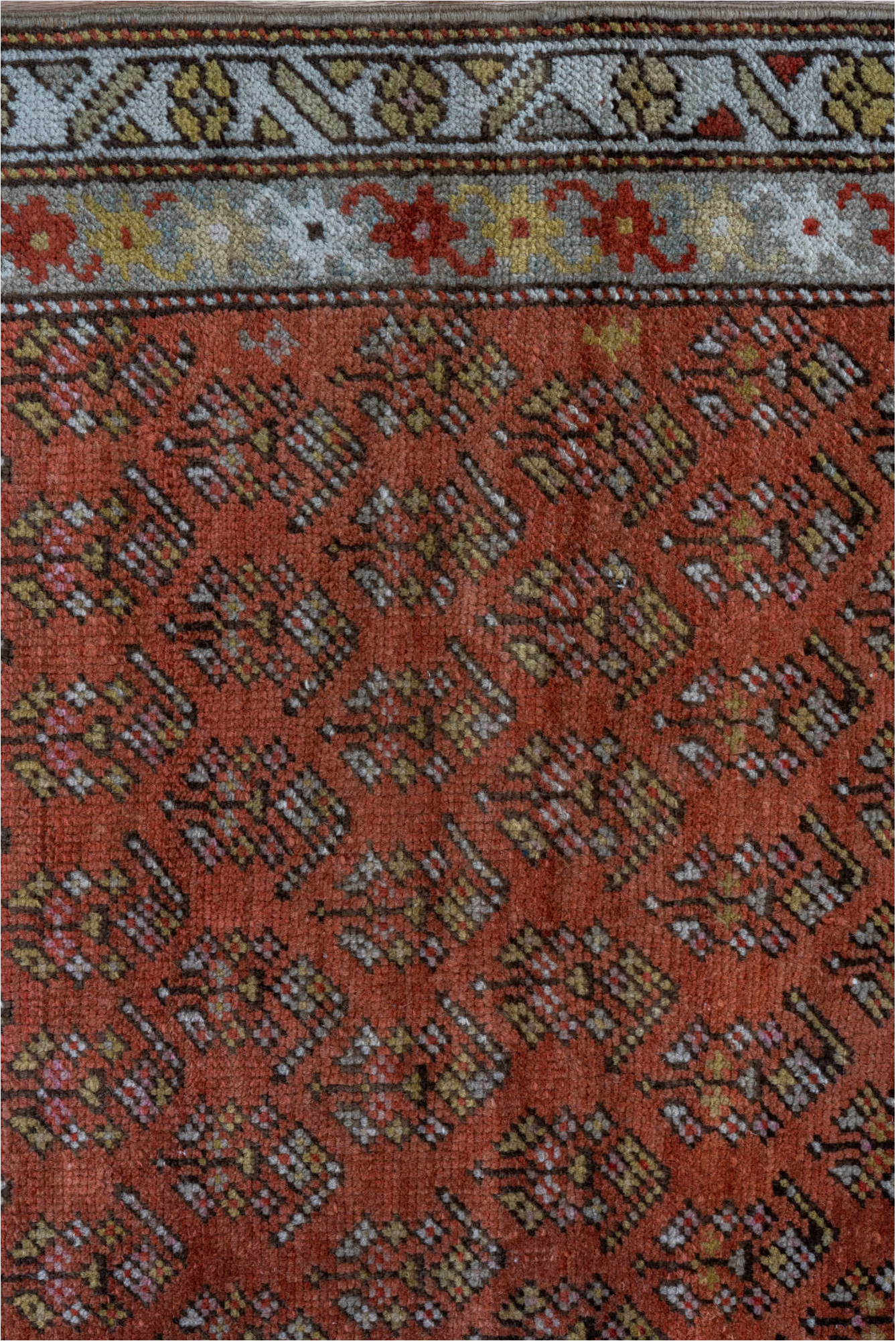 3' x 11' one-of-a-kind handmade vintage Karabagh runner rug. Color palette: brown, gray, light gray, pink, red
