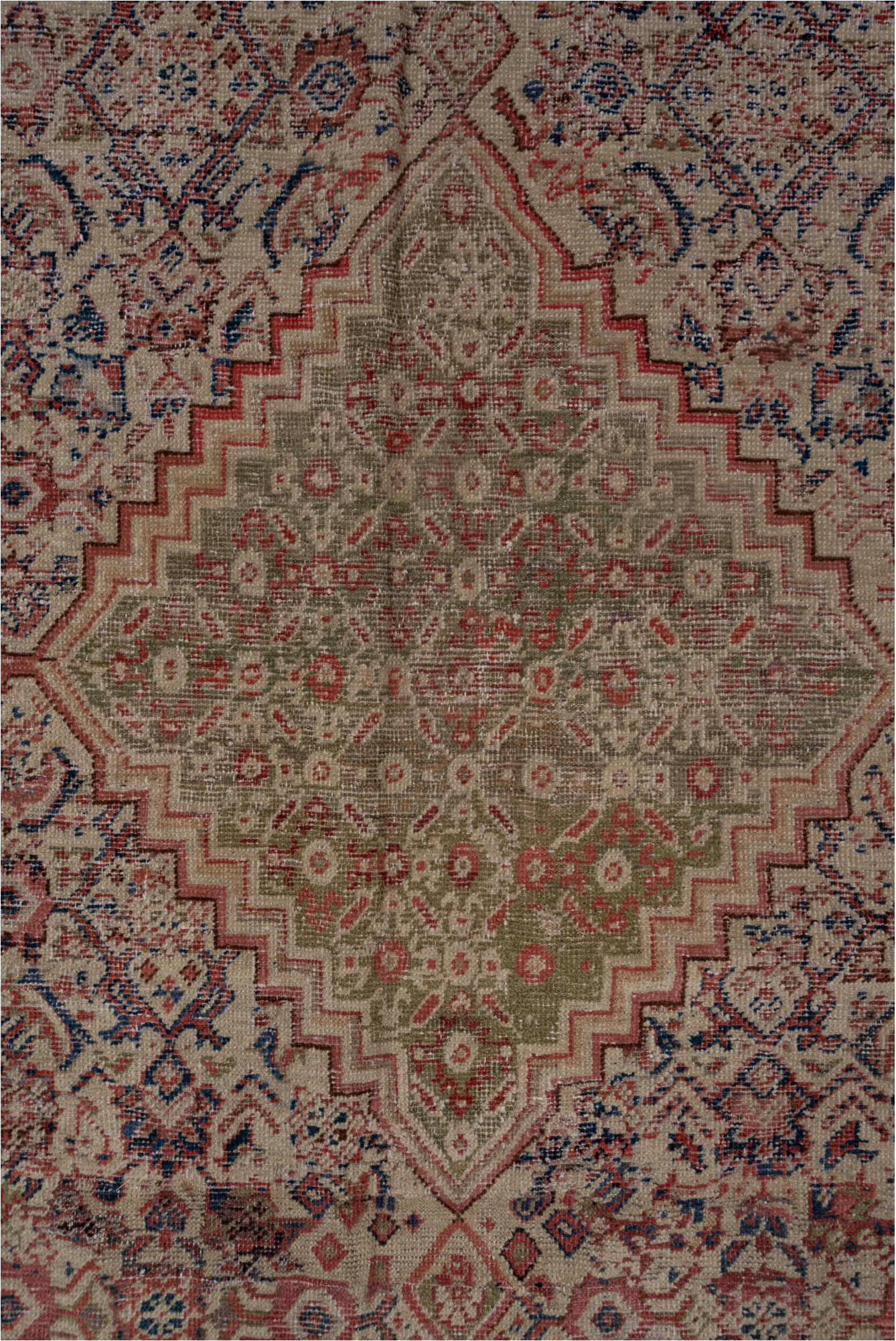 8' x 19' one-of-a-kind handmade vintage Farahan rug. Color palette: black, blue, brown, charcoal, gray, pink, red