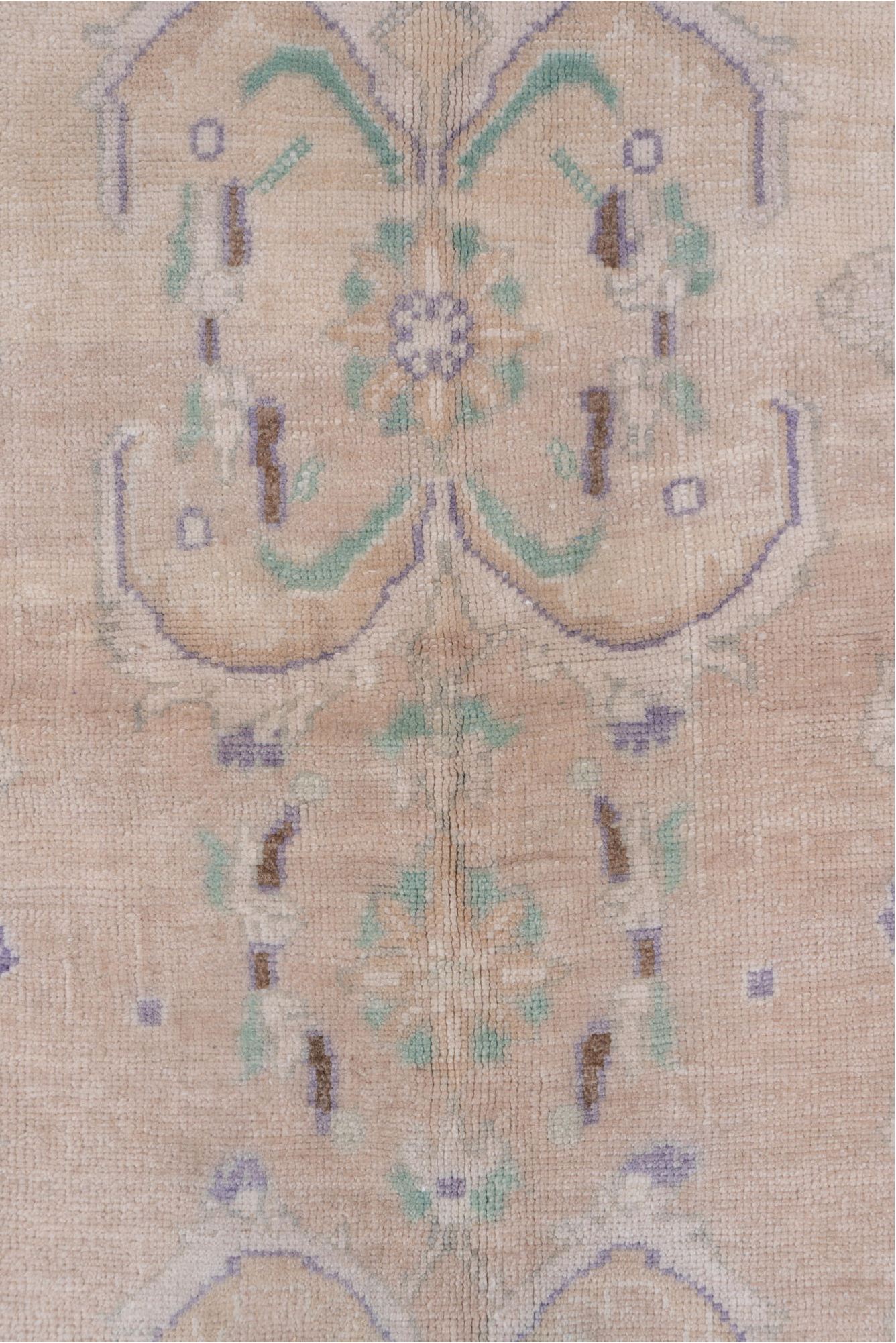 4' x 7' one-of-a-kind handmade vintage Oushak rug. Color palette: dark gray, gray, light gray, off-white, pink, snow, white