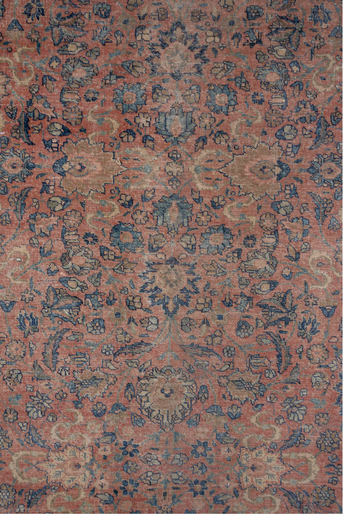 13' x 18' one-of-a-kind handmade vintage Tabriz oversize rug. Color palette: pink, brown, gray, blue, light gray, off-white