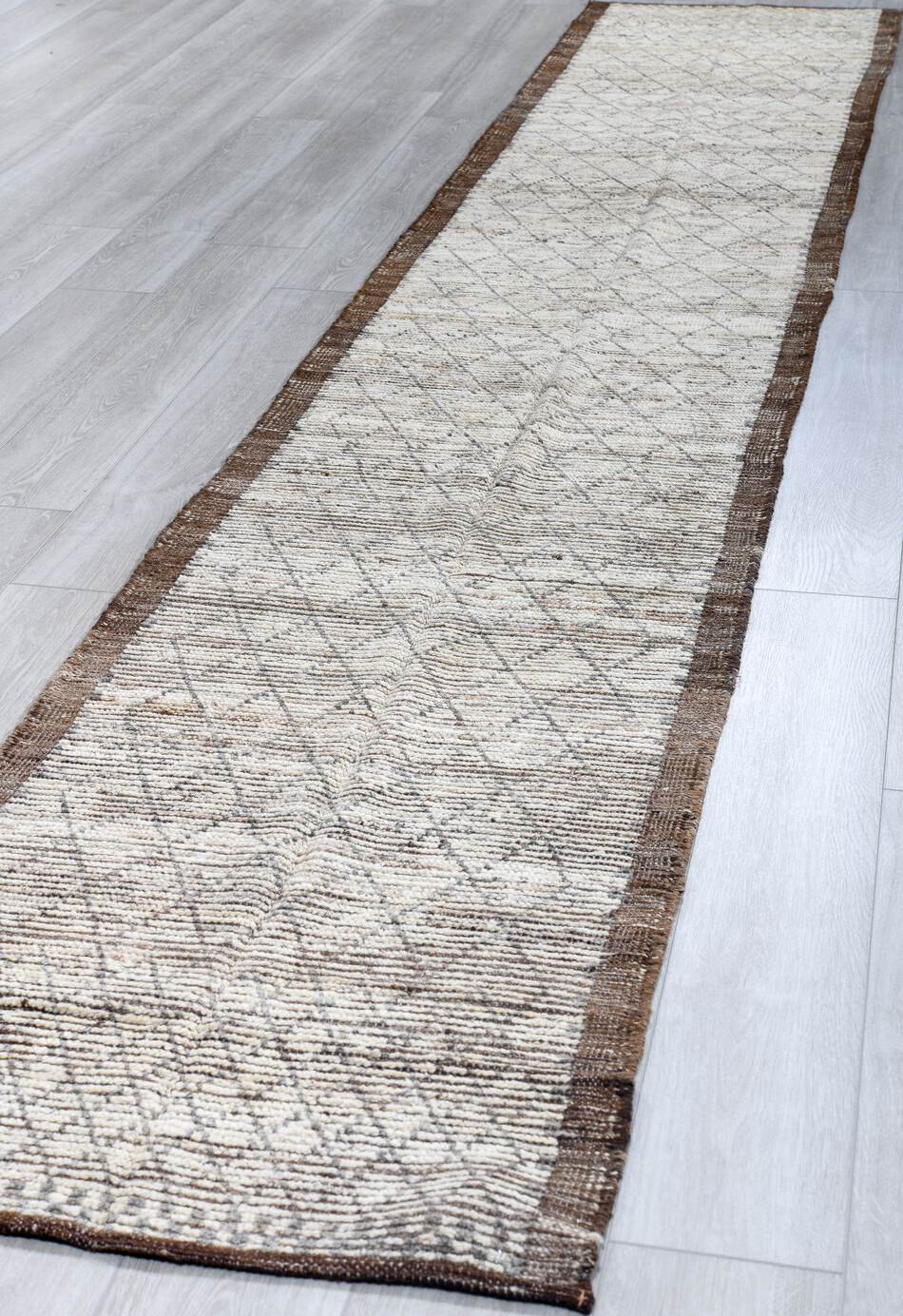 2' x 16' one-of-a-kind handmade vintage Tulu runner rug. Color palette: black, blue, charcoal, dark gray, gainsboro, gray