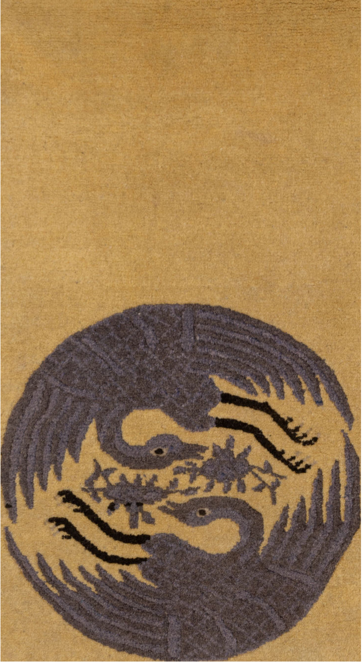 4' x 9' one-of-a-kind handmade vintage Chinese runner rug. Color palette: black, brown, gray, off-white, snow, white