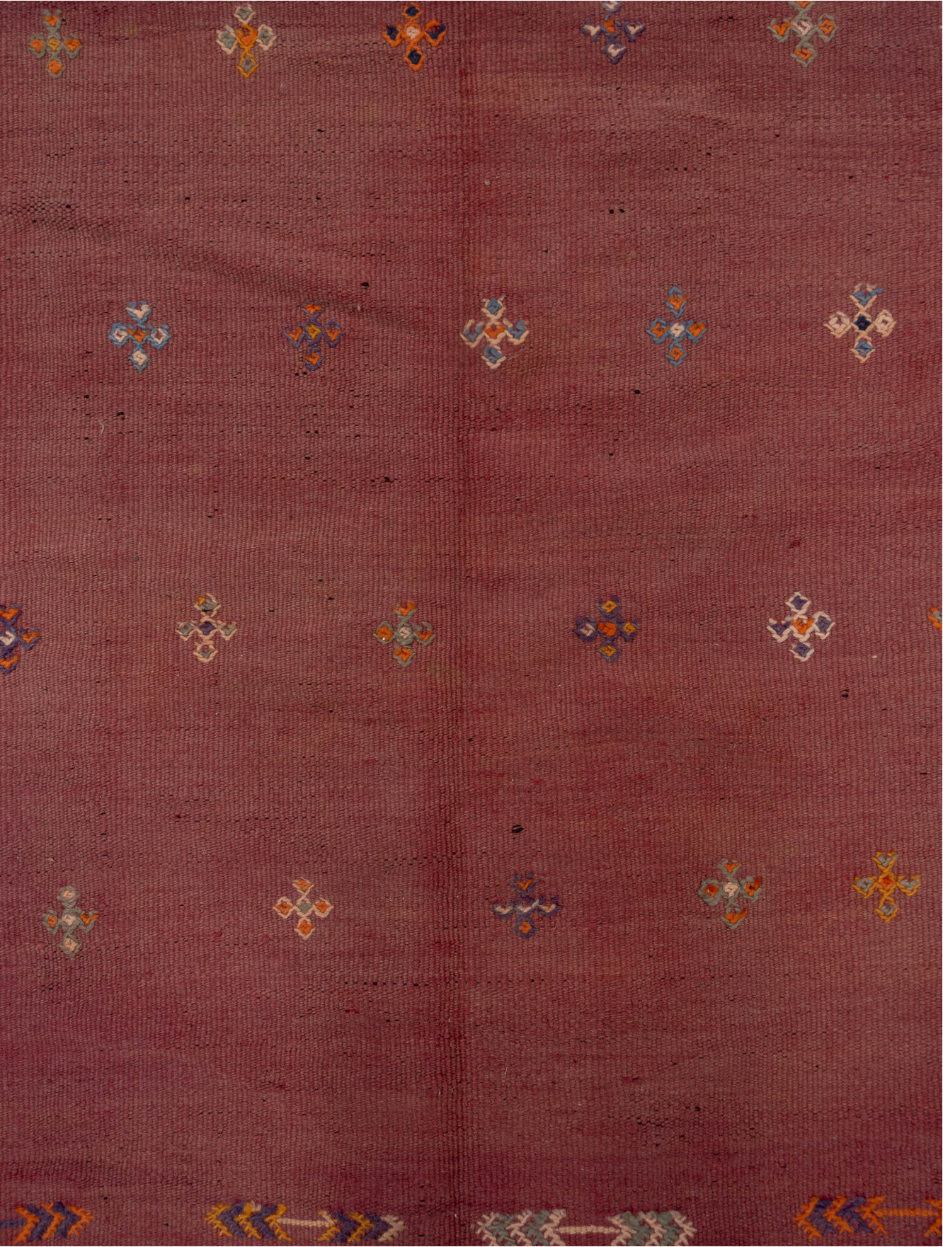 5' x 12' one-of-a-kind handmade vintage Kilim rug. Color palette: brown, gray, light gray, orange, pink, red