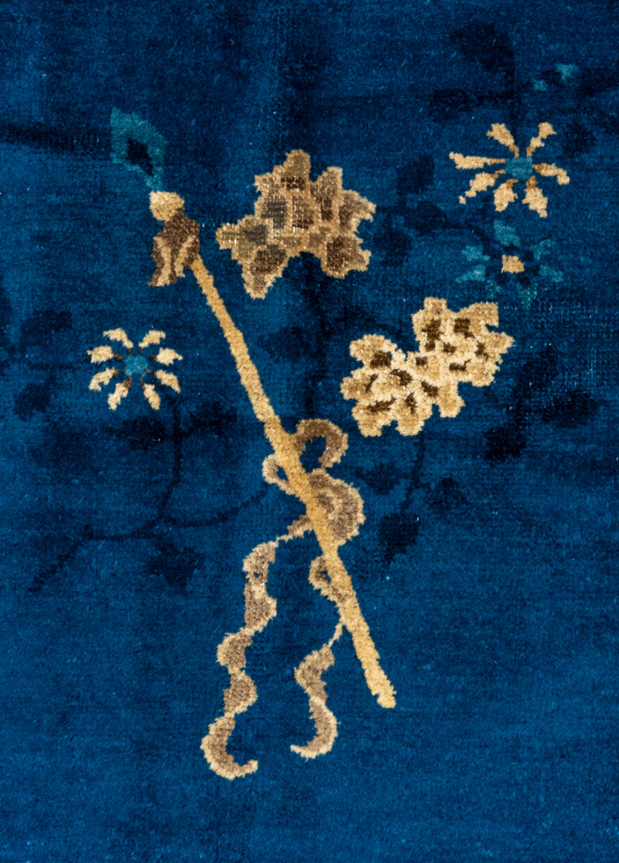 9' x 12' one-of-a-kind handmade vintage Chinese large size rug. Color palette: blue, gray, brown, tan