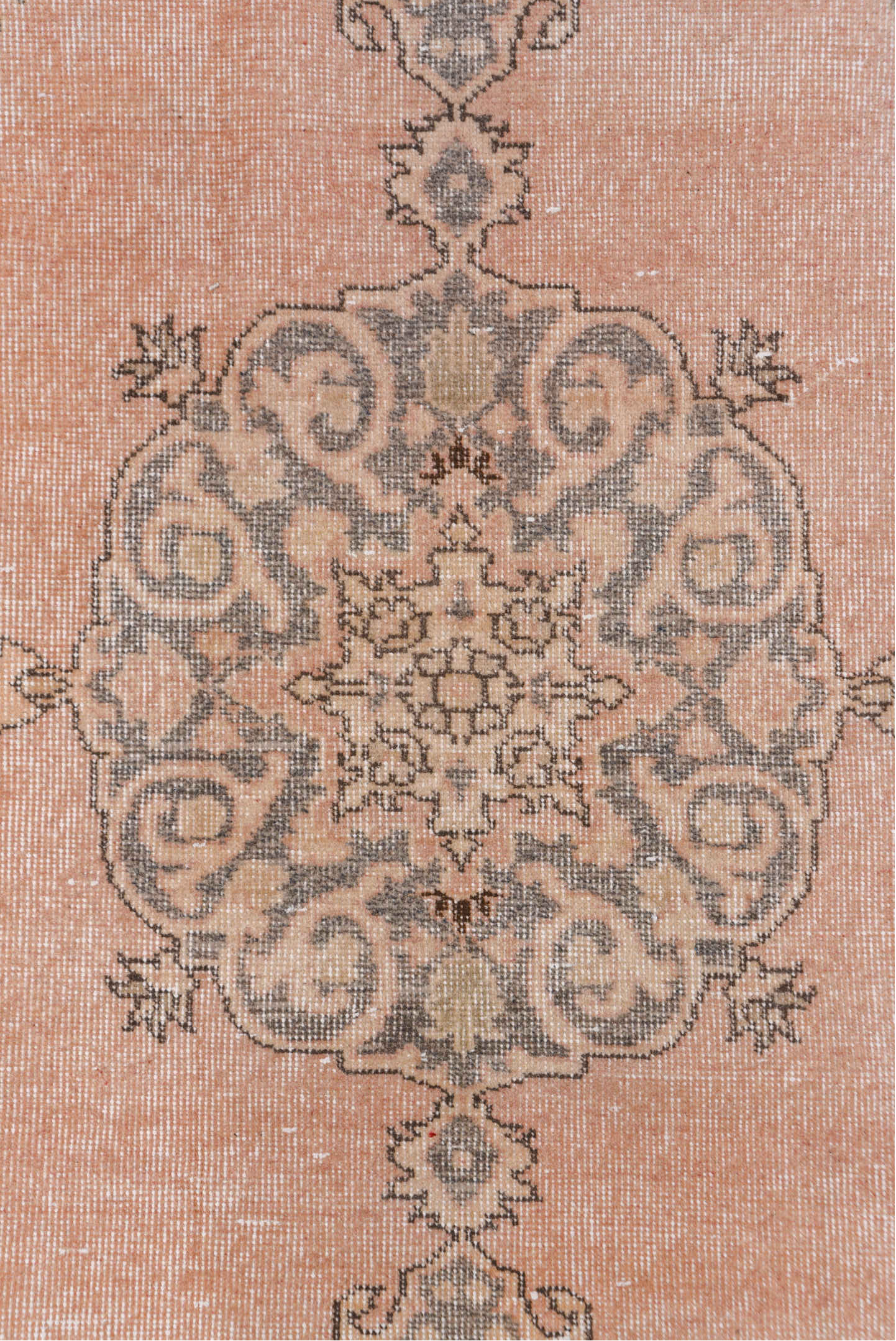 3' x 6' one-of-a-kind handmade vintage Oushak small size rug. Color palette: gray, pink, brown, light gray, off-white