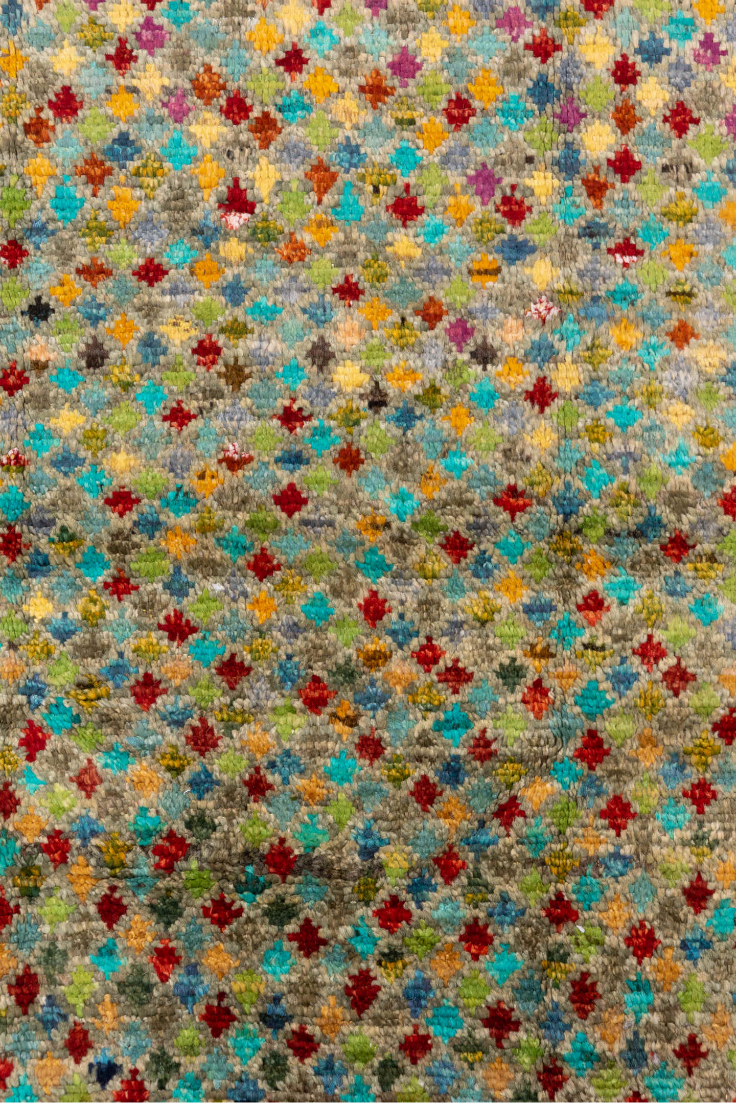 3' x 4' one-of-a-kind handmade vintage Gabbe small size rug. Color palette: gray, yellow, brown, blue, green, red, orange