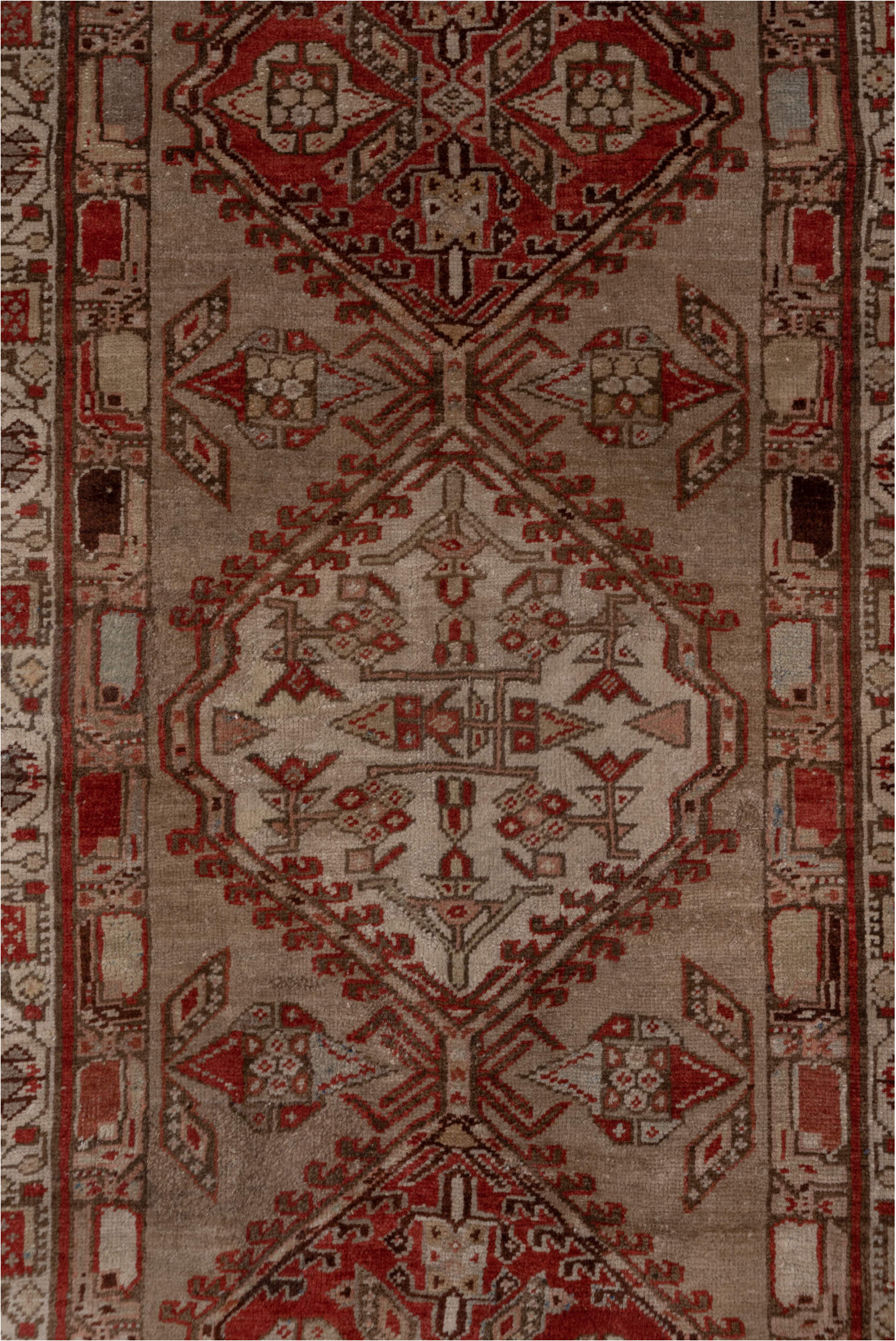 3' x 16' one-of-a-kind handmade vintage Sarab runner rug. Color palette: brown, gray, pink, redwood