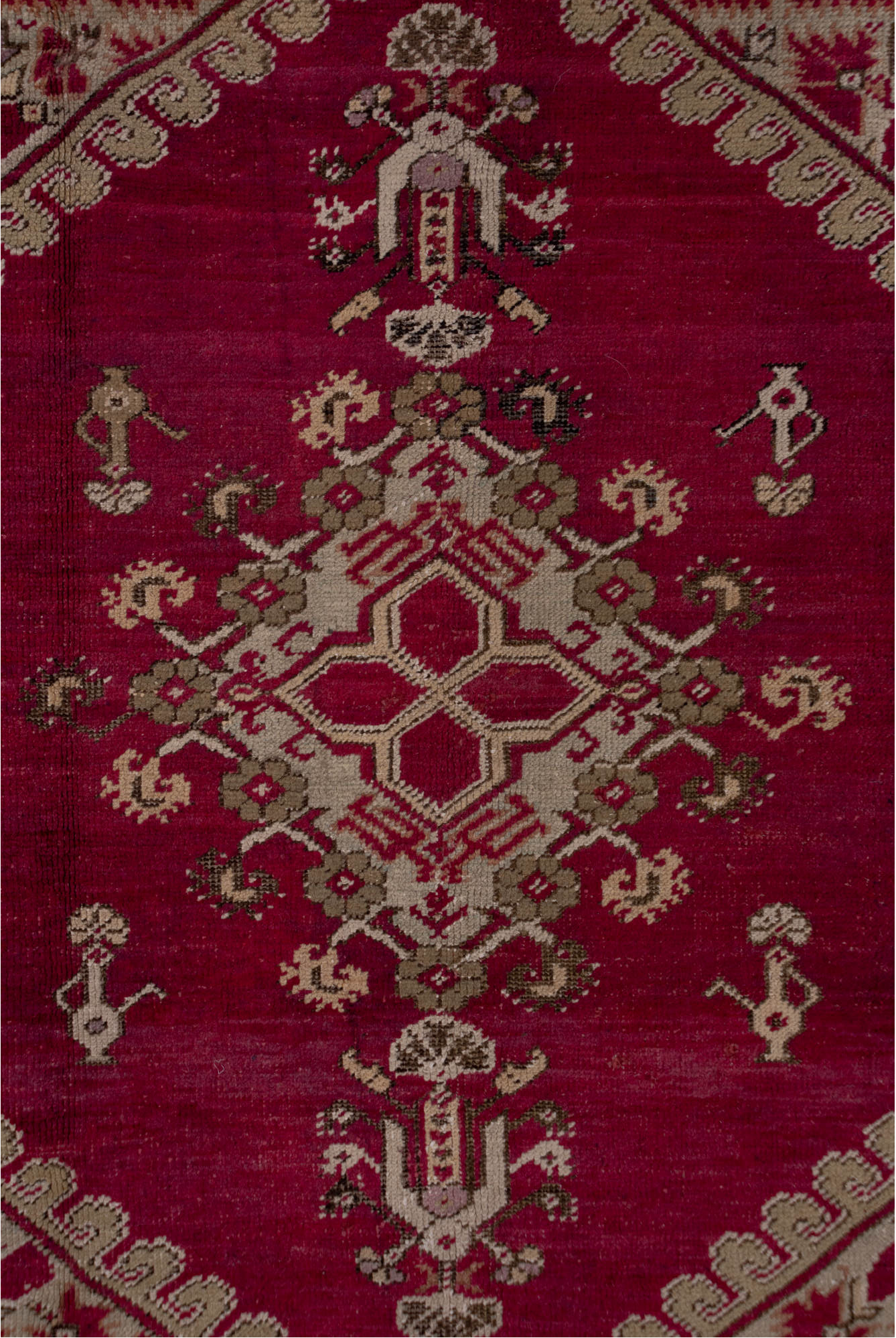 6' x 11' one-of-a-kind handmade vintage Ghordes large size rug. Color palette: brown, gray, off-white, pink, red, snow