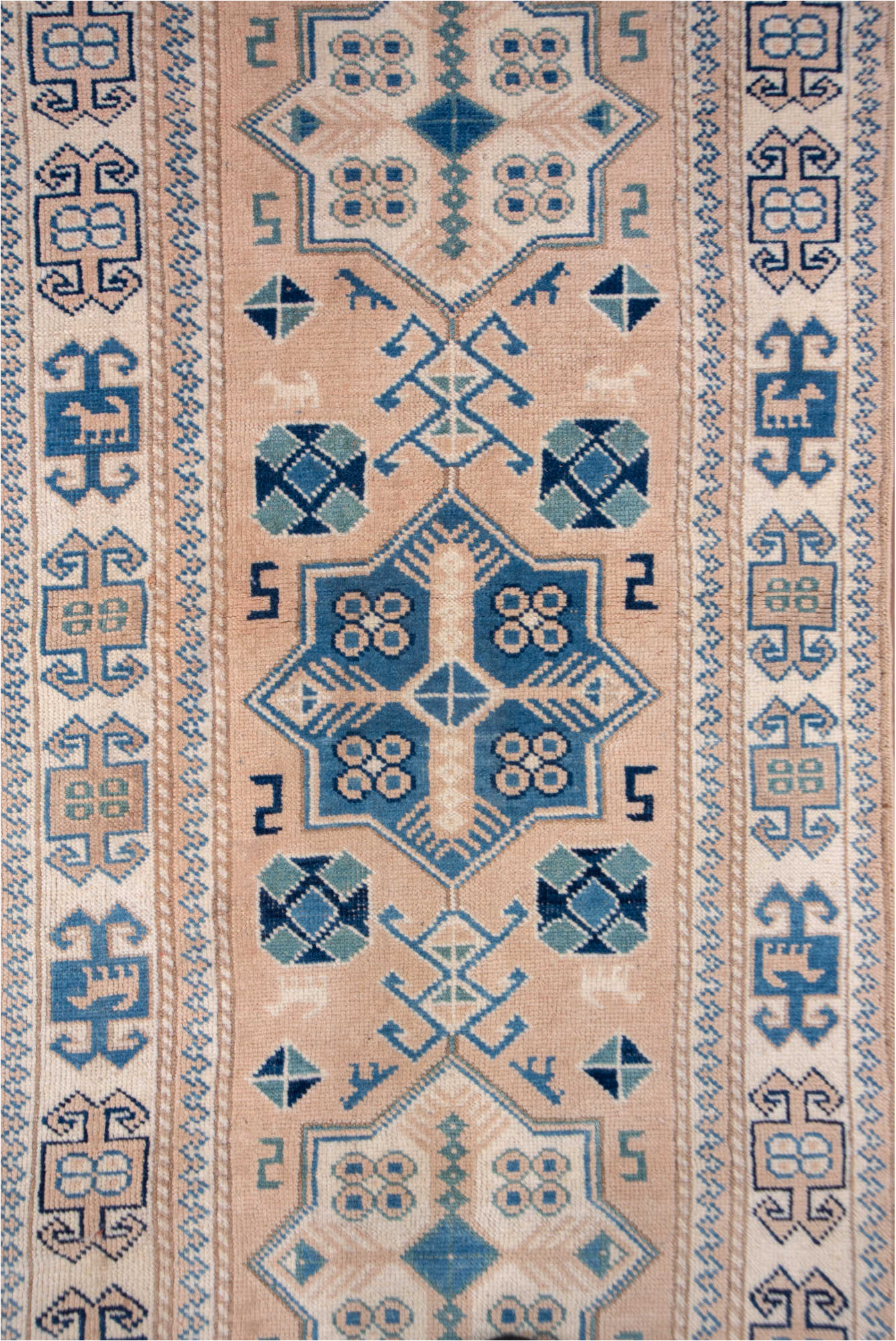 2' x 15' one-of-a-kind handmade vintage Oushak runner rug. Color palette: blue, brown, fiord, gray, light gray, off-white