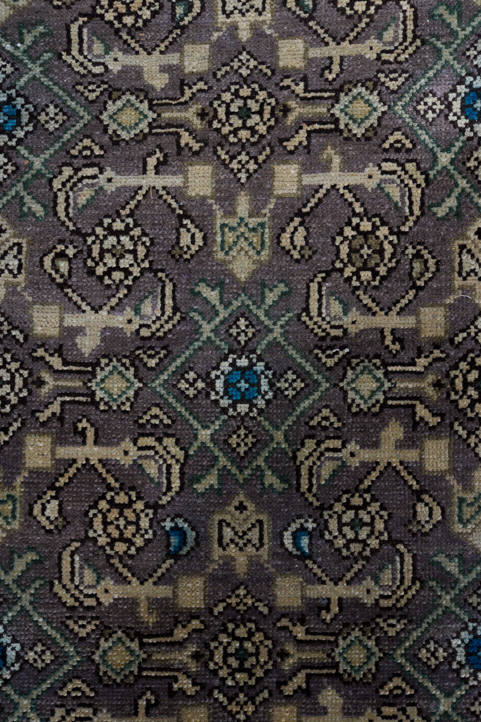 13' x 3' one-of-a-kind handmade vintage Malayer rug. Color palette: black, blue, brown, charcoal, gray, green, light gray