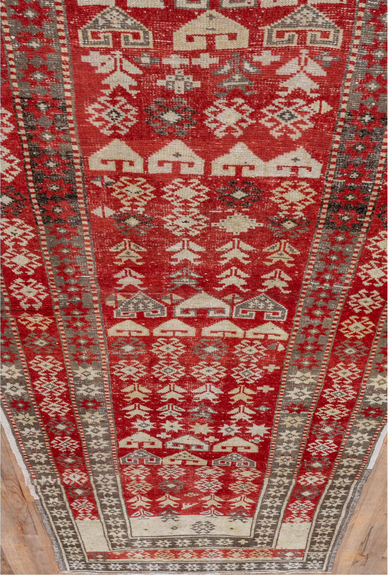 4' x 13' one-of-a-kind handmade vintage Caucasian runner rug. Color palette: brown, gray, pink, red