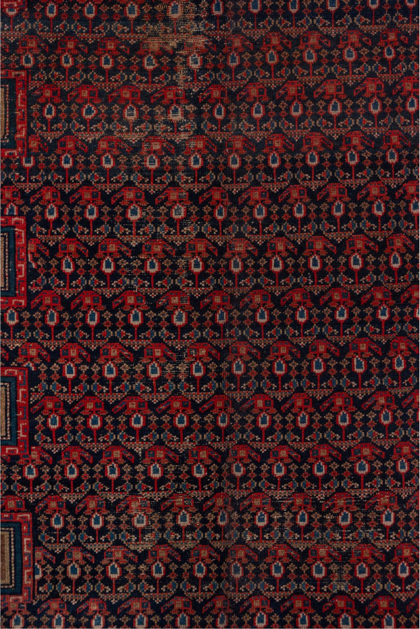 5' x 11' one-of-a-kind handmade vintage Malayer rug. Color palette: black, blue, brown, charcoal, gray, pink, red
