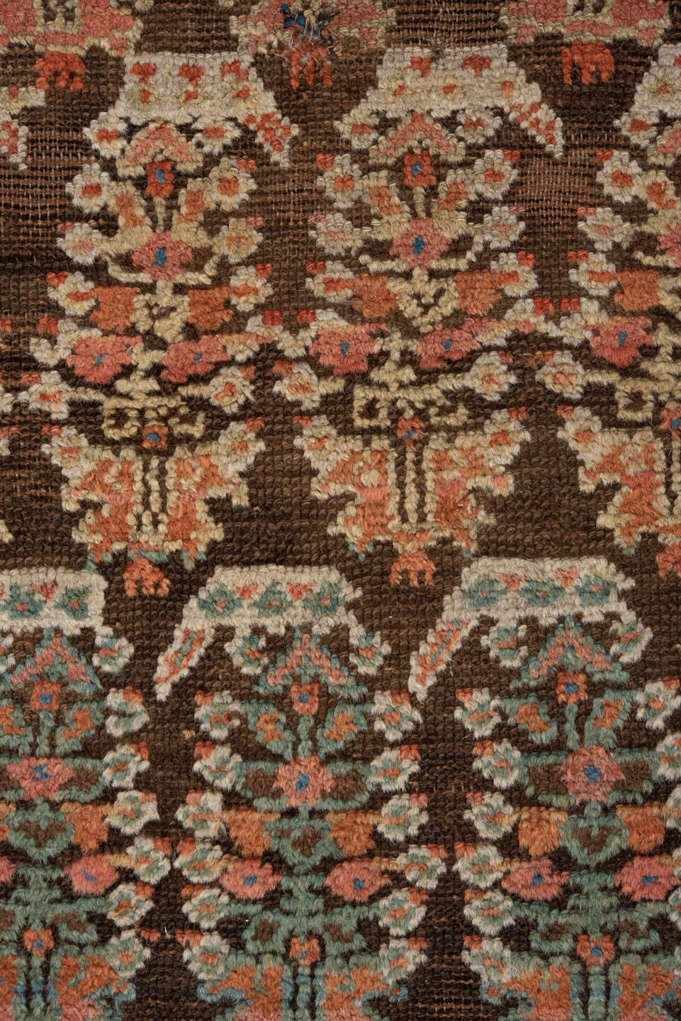 4' x 8' one-of-a-kind handmade vintage Kurd runner rug. Color palette: brown, gray, pink, light gray, black, blue